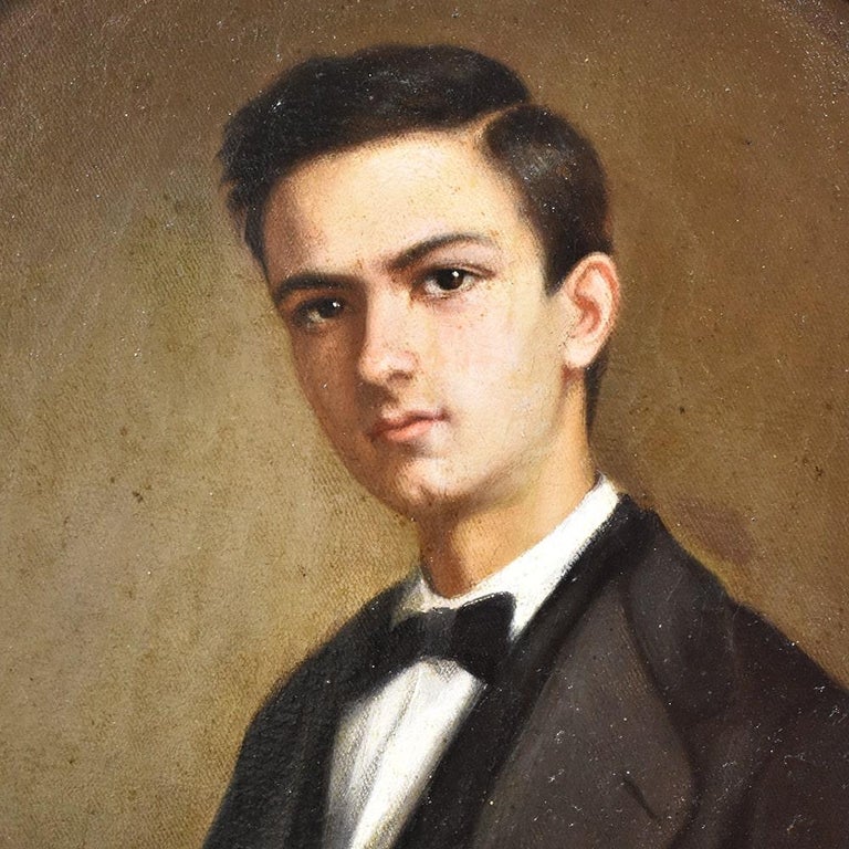 Antique Portrait Painting, Young Man Elegantly Dressed, Oval Painting ...