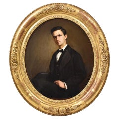 Antique Portrait Painting, Young Man Elegantly Dressed, Oval Painting