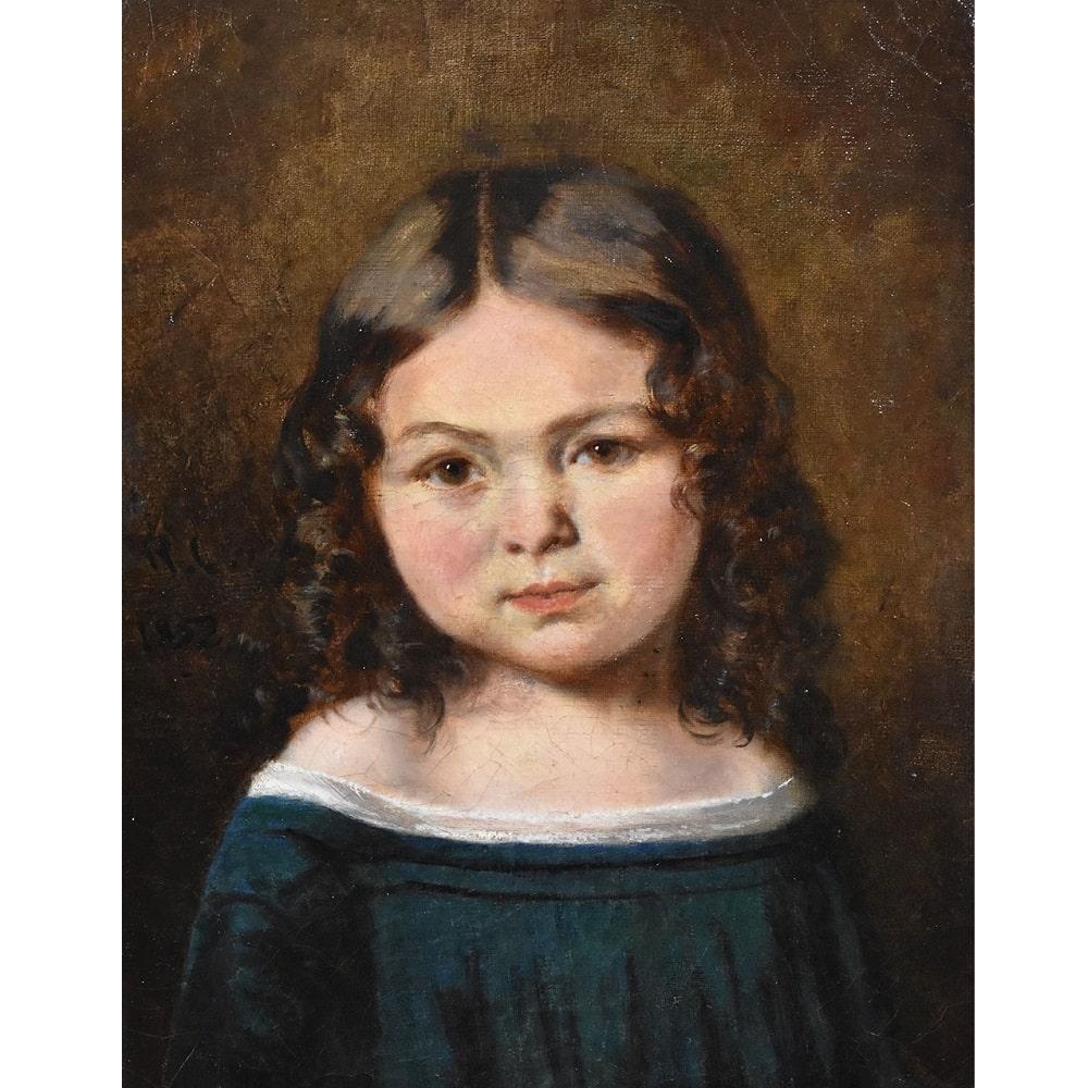 This is a Antique Portrait Artwork,  Antique Portraits proposes a Young Girl Dressed in a Blue Dress,
Oil Painting on Canvas, of the 19th century. French ancient painting. XIXcentury. Antique Paintings. 

The antique painting is enclosed in a