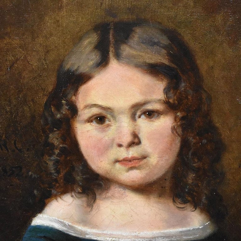 Antique Portrait Painting, Young Woman, Girl In Blue Dress, Oil On