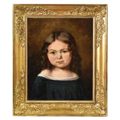 Antique Portrait Painting, Young Woman, Girl In Blue Dress, Oil On Canvas.