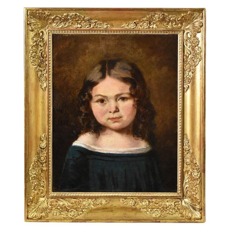 Antique Portrait Painting, Young Woman, Girl In Blue Dress, Oil On