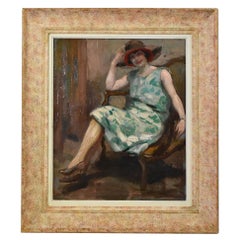 Peinture de portrait ancien, jeune femme assise, fille en robe verte, sur toile