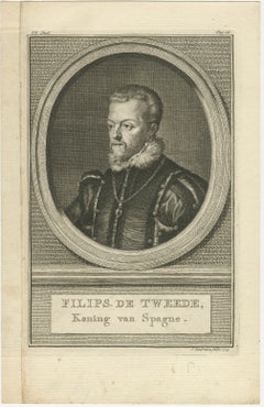 Antique Portrait Philip II of Spain – Etching by Houbraken, Dated 1773