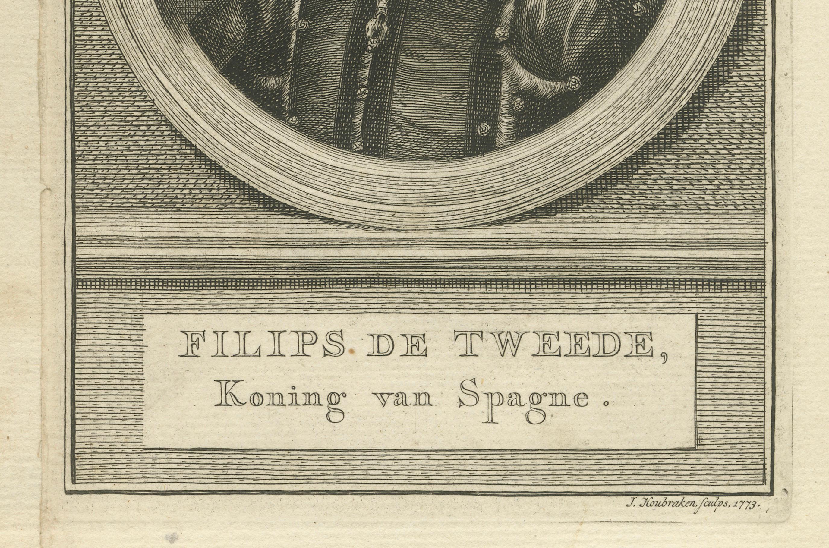 Gravé Portrait ancien de Philips II d'Espagne - Gravure à l'eau-forte de Houbraken, datée de 1773 en vente