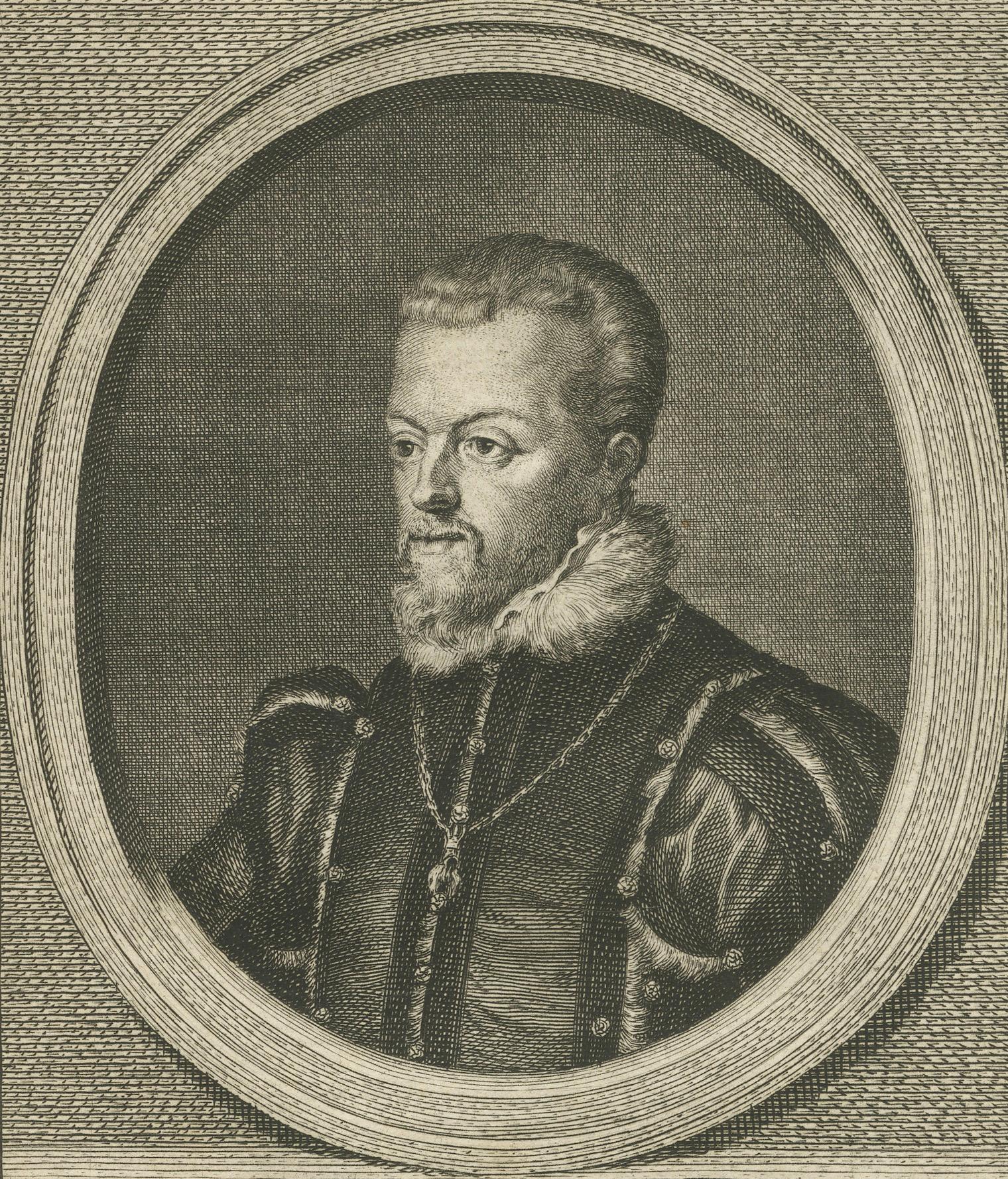 Portrait ancien de Philips II d'Espagne - Gravure à l'eau-forte de Houbraken, datée de 1773 Bon état - En vente à Langweer, NL