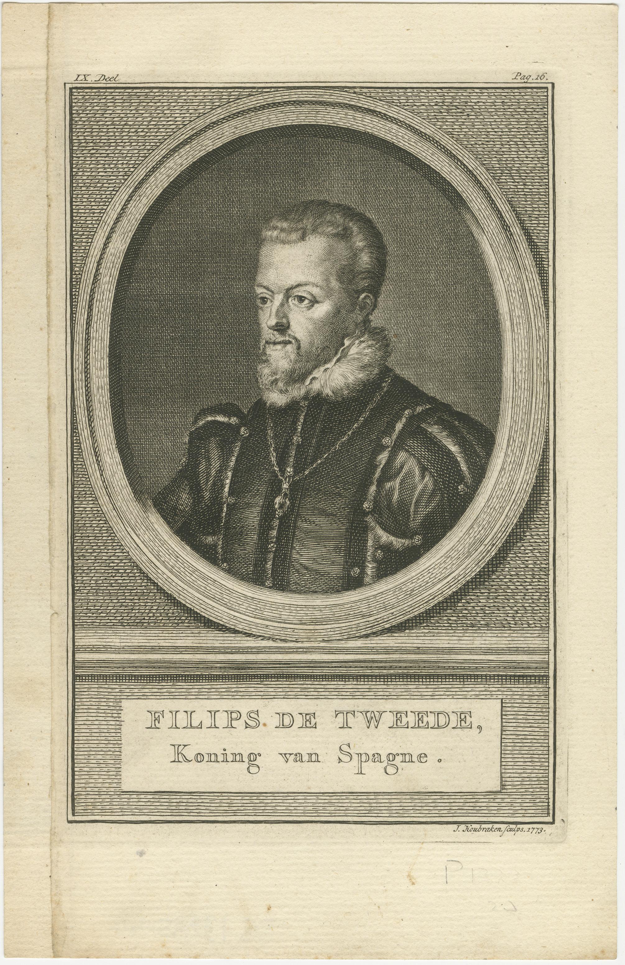 XVIIIe siècle Portrait ancien de Philips II d'Espagne - Gravure à l'eau-forte de Houbraken, datée de 1773 en vente