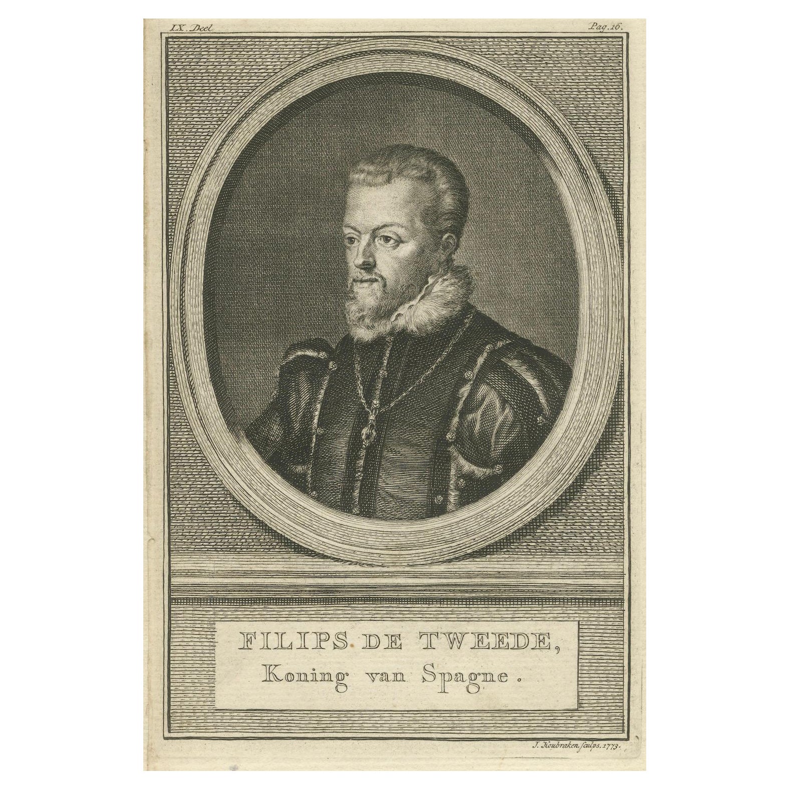 Portrait ancien de Philips II d'Espagne - Gravure à l'eau-forte de Houbraken, datée de 1773 en vente