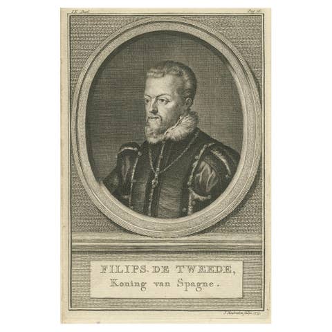 Antique Portrait Philip II of Spain – Etching by Houbraken, Dated 1773