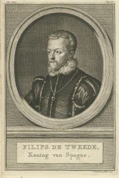 Portrait ancien de Philips II d'Espagne - Gravure à l'eau-forte de Houbraken, datée de 1773