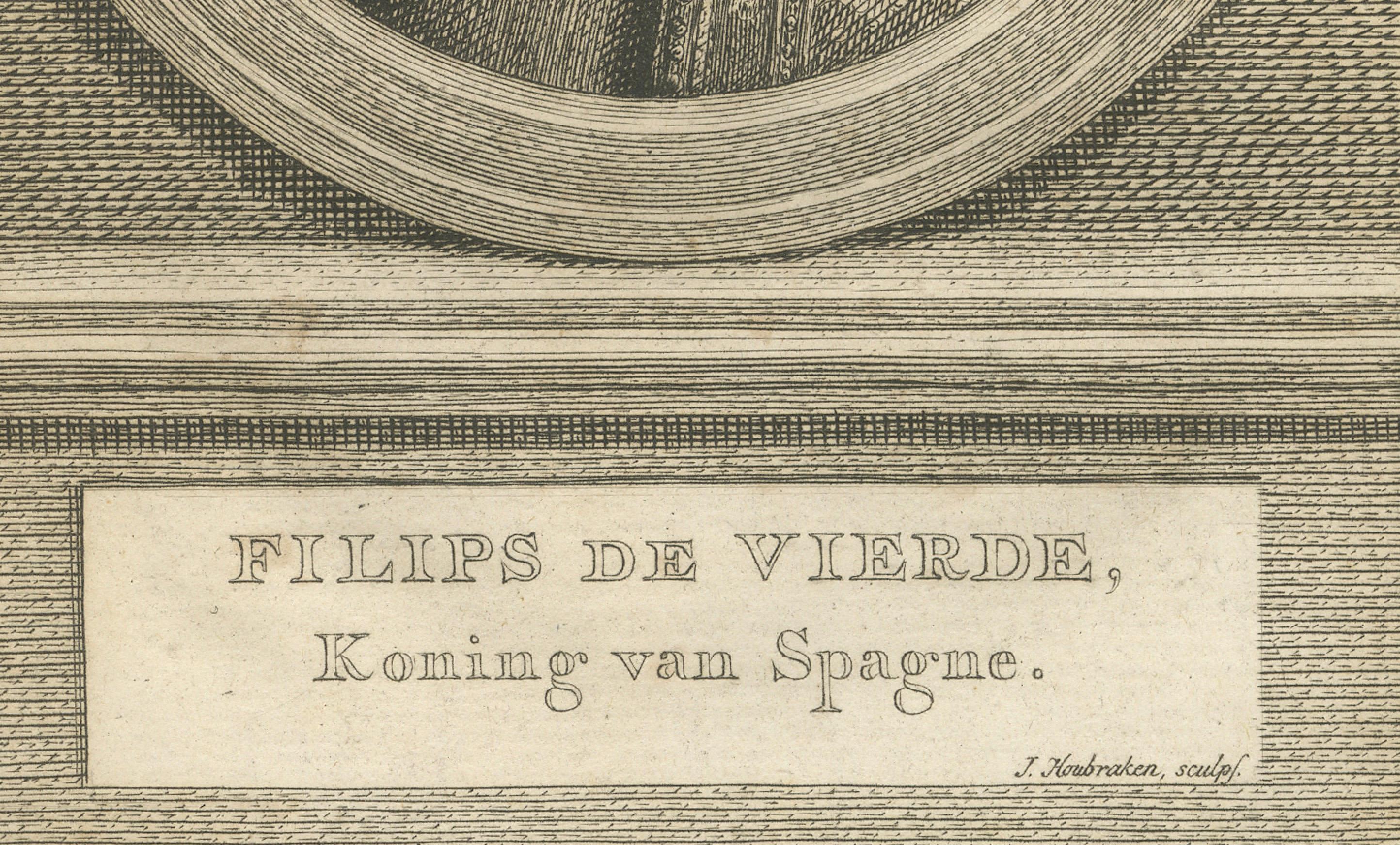 Néerlandais Portrait ancien de Philips IV d'Espagne - Gravure à l'eau-forte du XVIIIe siècle par Houbraken en vente