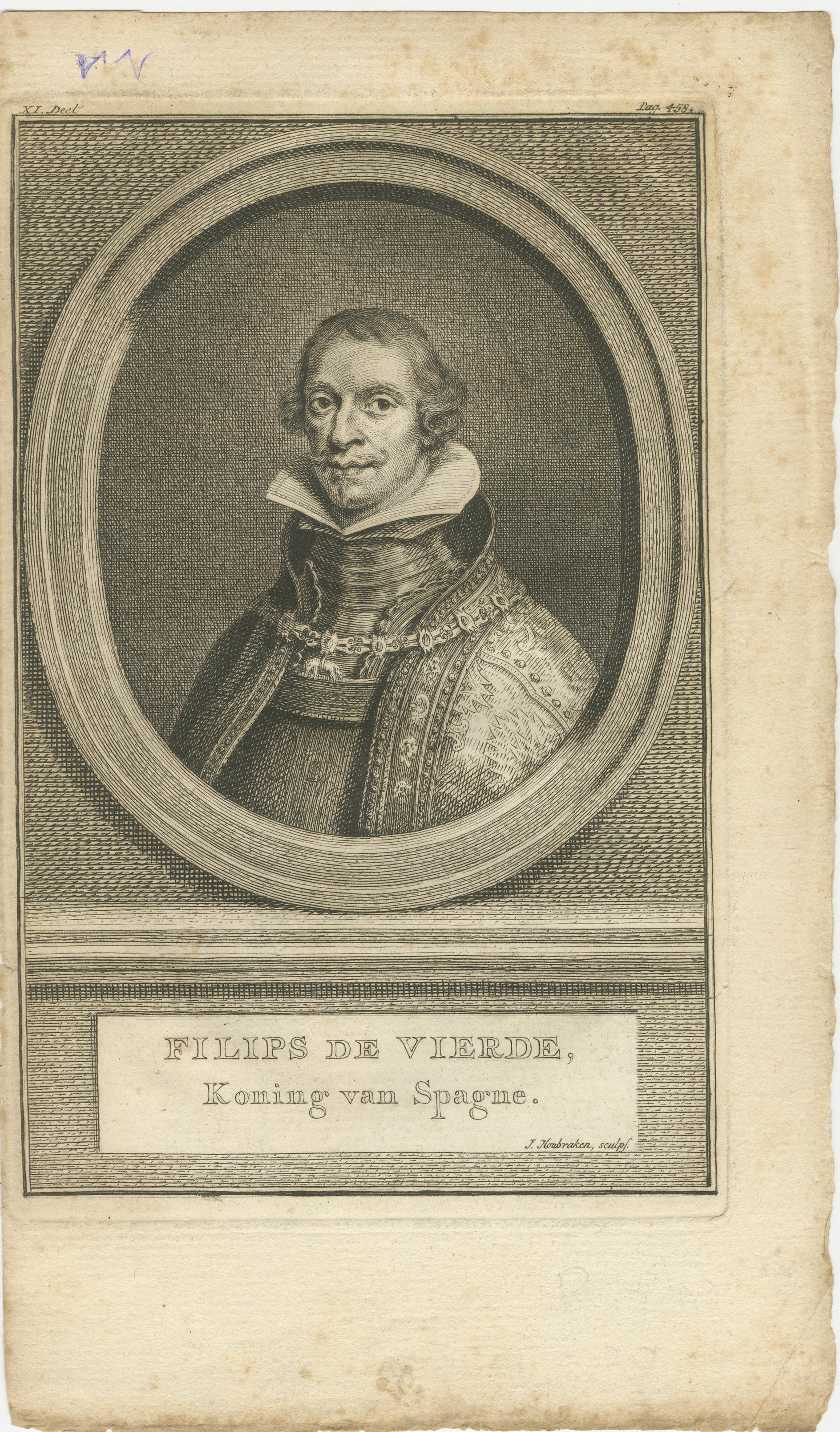 Portrait ancien de Philips IV d'Espagne - Gravure à l'eau-forte du XVIIIe siècle par Houbraken Bon état - En vente à Langweer, NL
