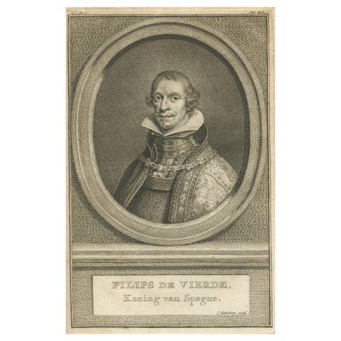 Antique Portrait Philip IV of Spain – 18th Century Etching by Houbraken