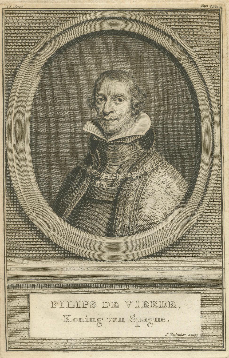 Portrait ancien de Philips IV d'Espagne - Gravure à l'eau-forte du XVIIIe siècle par Houbraken en vente