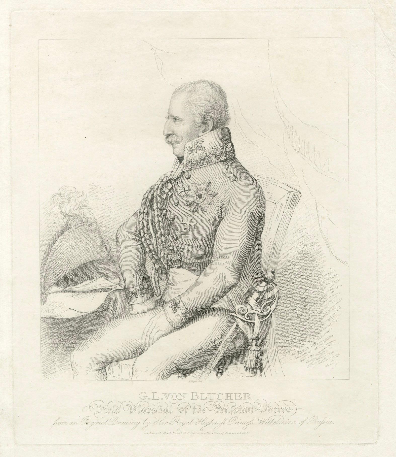 Retrato Antiguo - Mariscal de Campo von Blücher, Comandante Prusiano, 1814 siglo XIX en venta