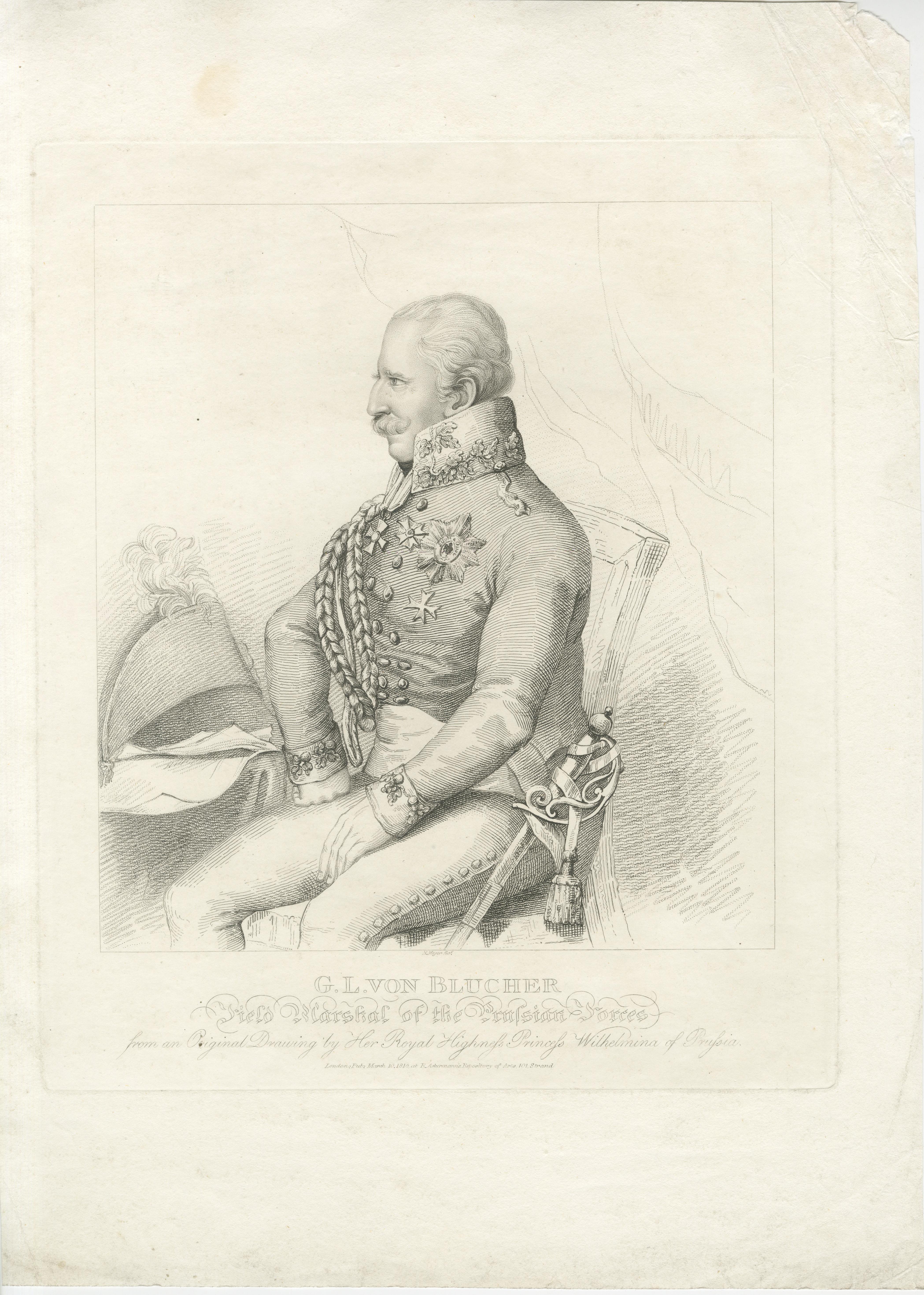 Retrato Antiguo - Mariscal de Campo von Blücher, Comandante Prusiano, 1814 Papel en venta