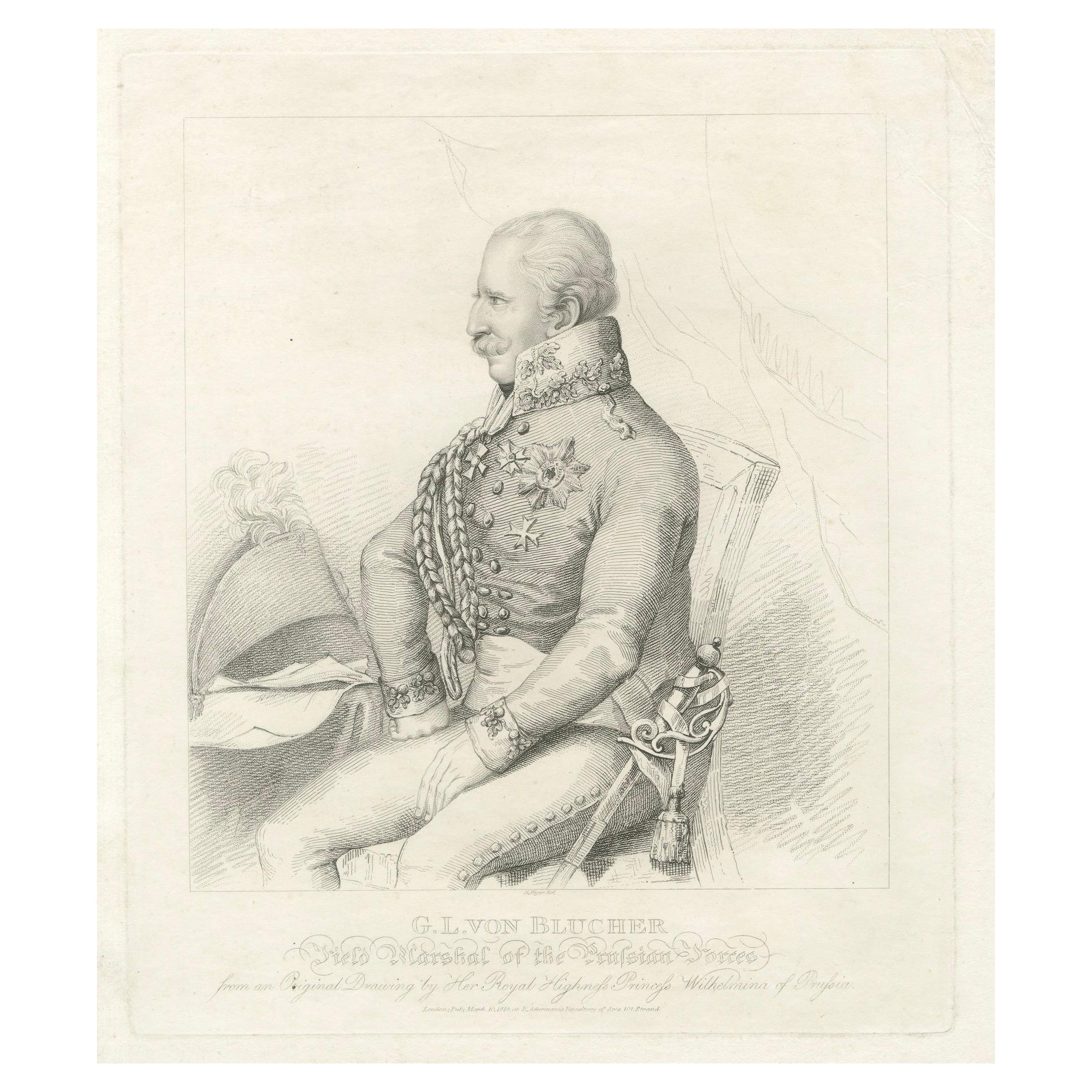 Retrato Antiguo - Mariscal de Campo von Blücher, Comandante Prusiano, 1814 en venta