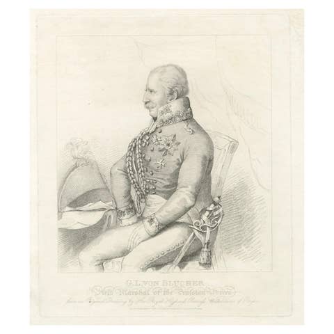 Antique Portrait Print – Field Marshal von Blücher, Prussian Commander, 1814