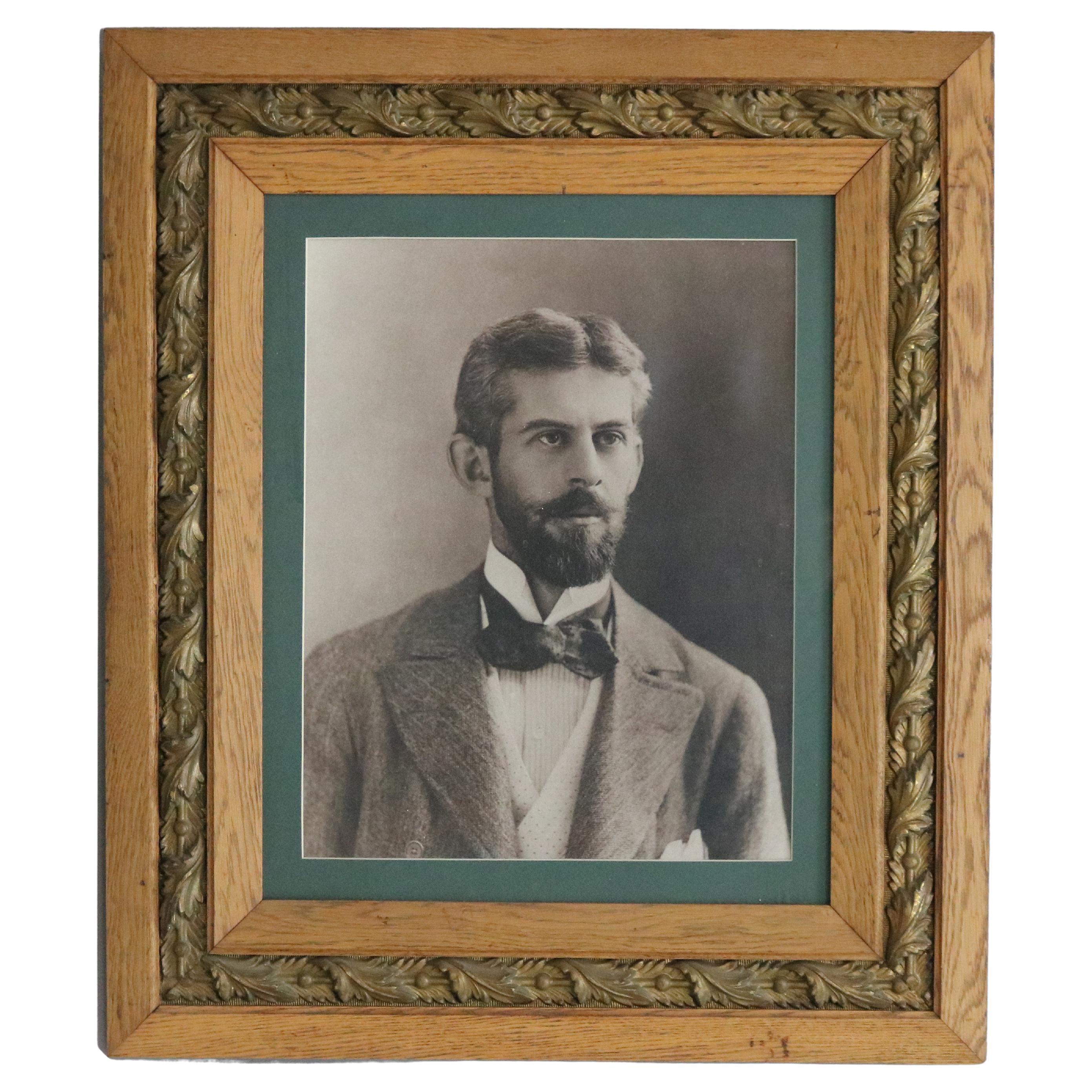 Antique Portrait Print of a Man in Oak and Gold Leaf Frame C1890