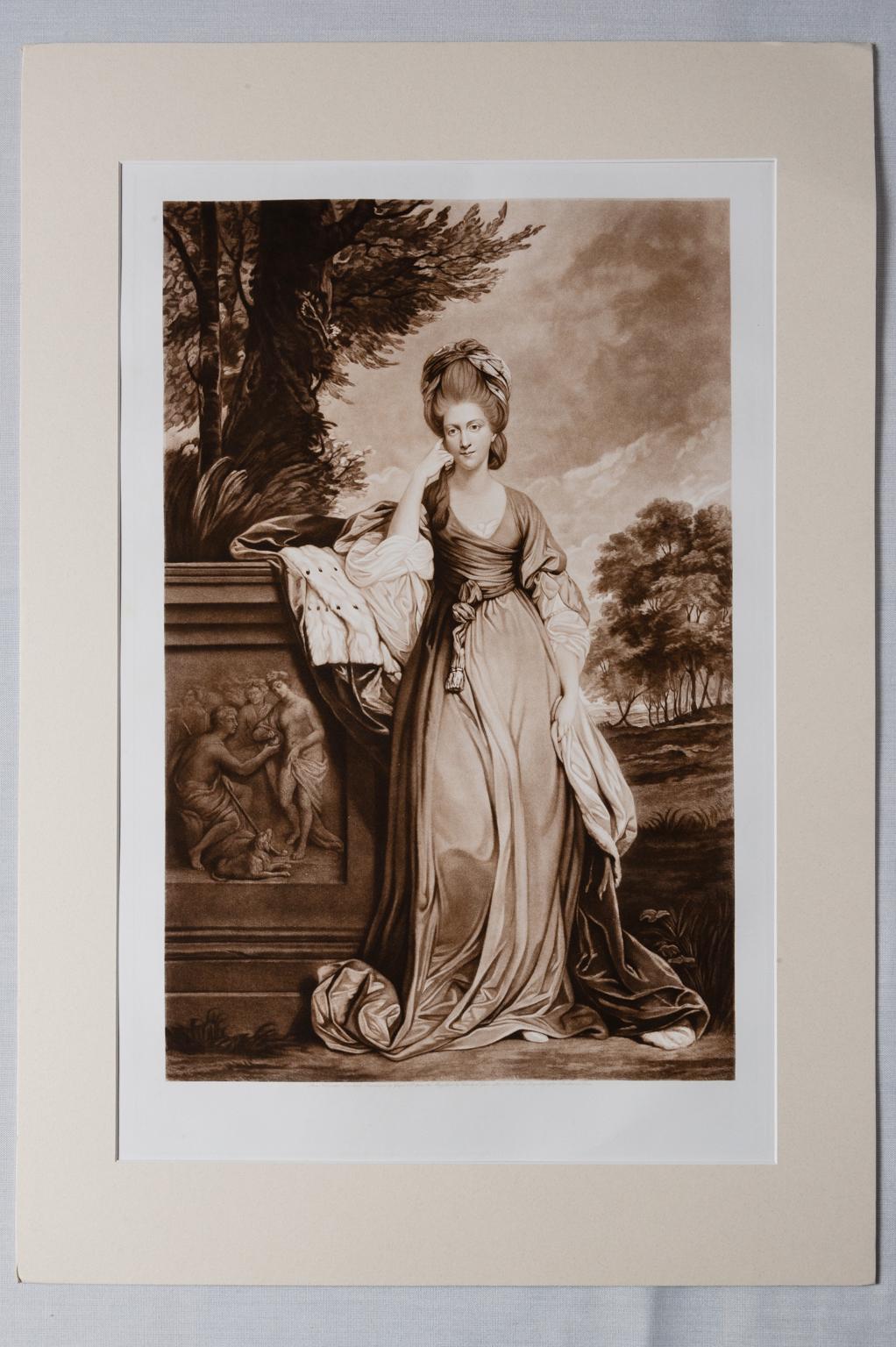 ST/628, antique large prints with portrait of two noblewomen: Anne, Duchess of Cumberland - reproduced by Goupil & Co. from the mezzotint by Thomas Watson, after Sir Joshua Reynolds 1907. Printed in Paris.
Anne, Viscountess Townshend, reproduced by
