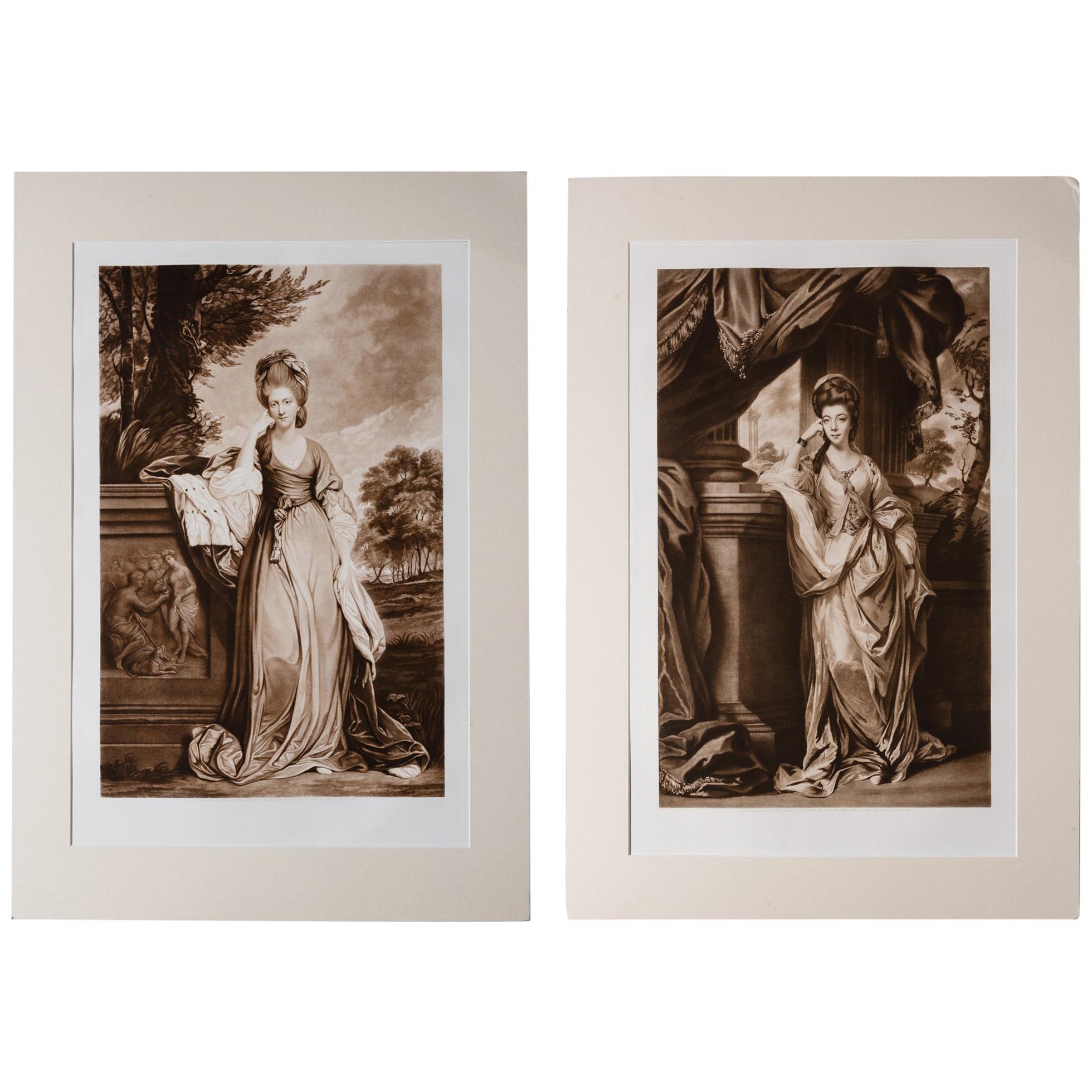 Antique Portrait Prints of Noblewomen: Pair