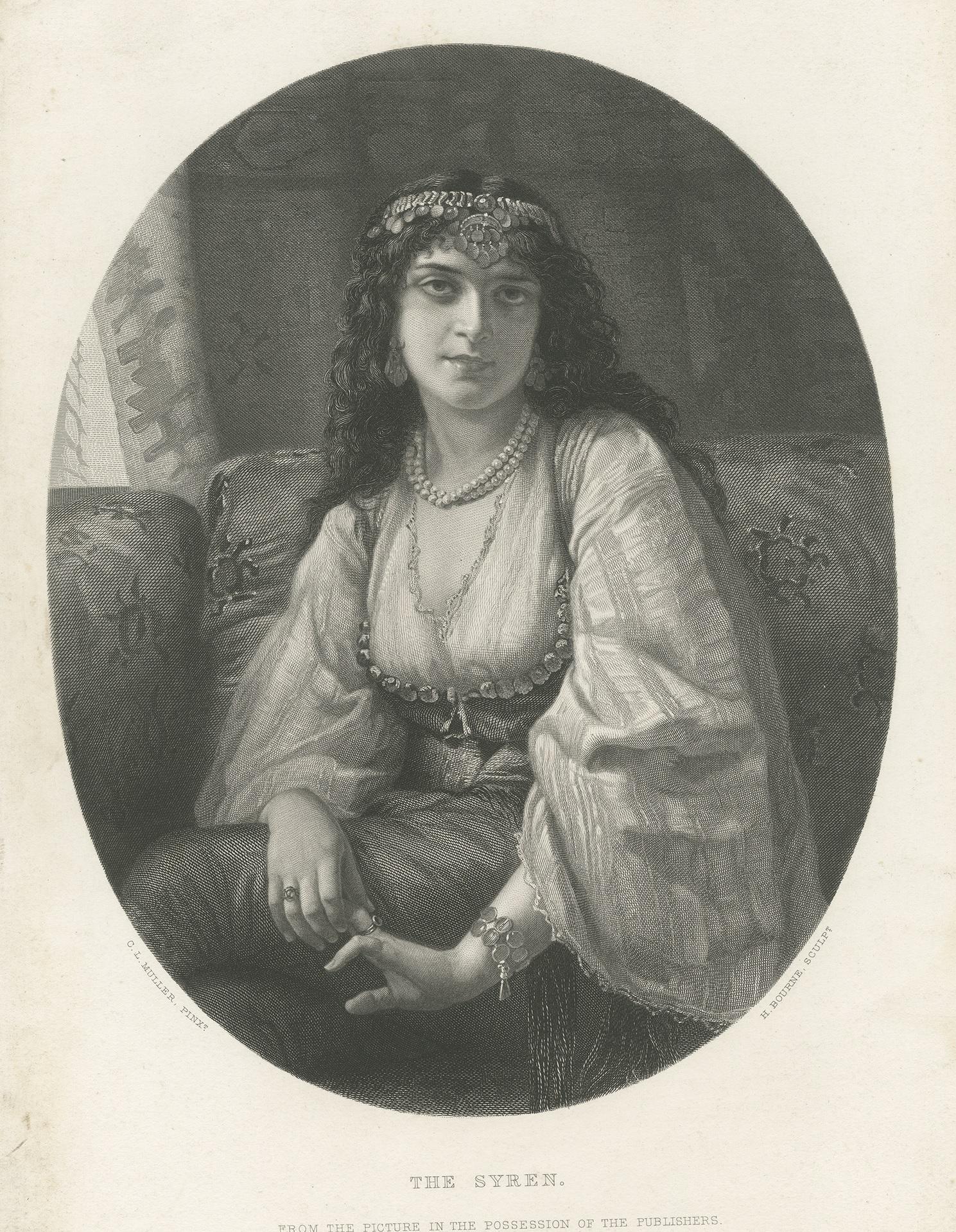 Antique print titled 'The Syren'. Portrait engraved by H. Bourne after a painting by C.L. Muller. Published by Virtue & Co., London.