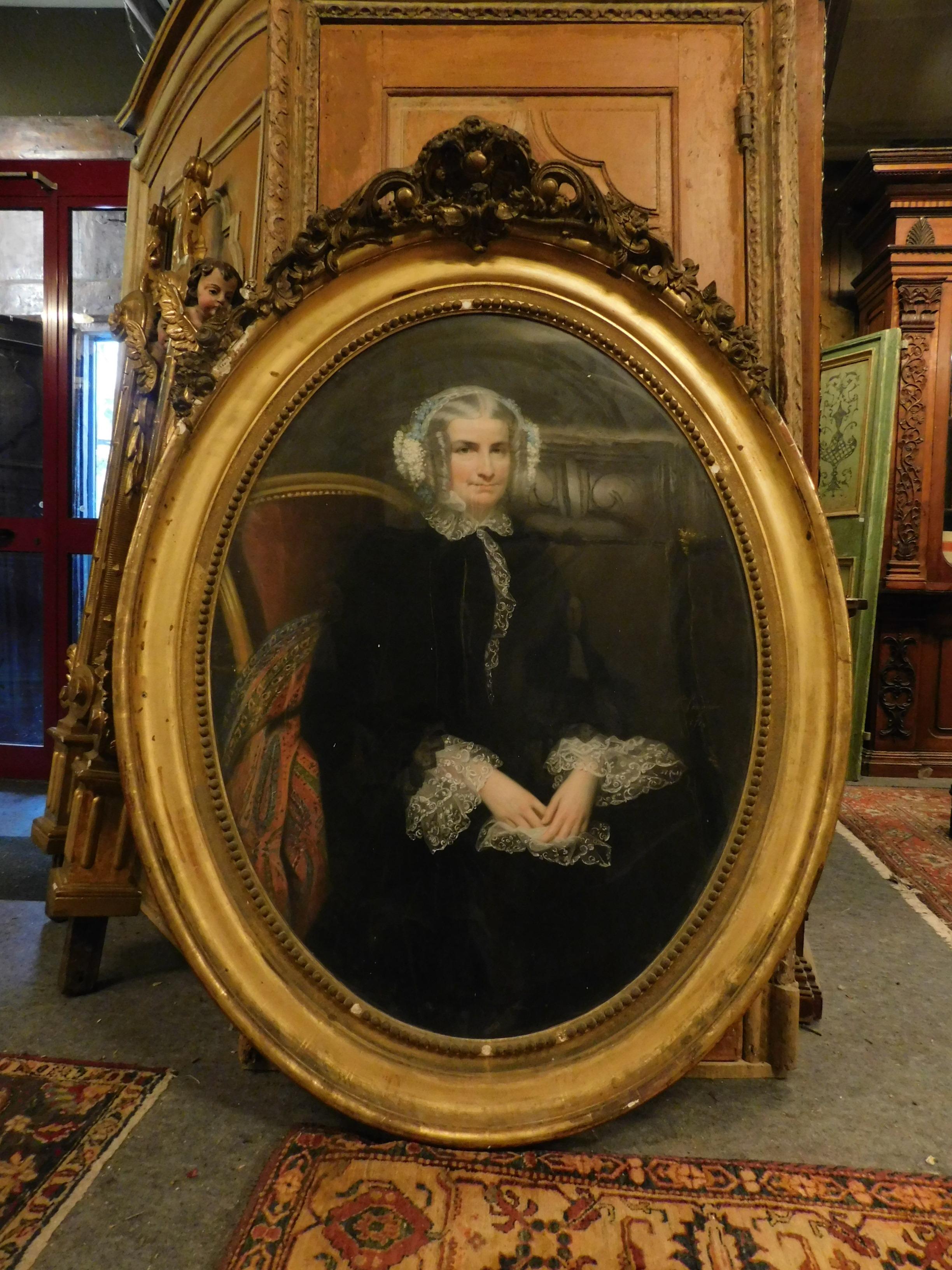 Italian Antique Portrait with Gilt Frame, Dated 1851, Italy For Sale