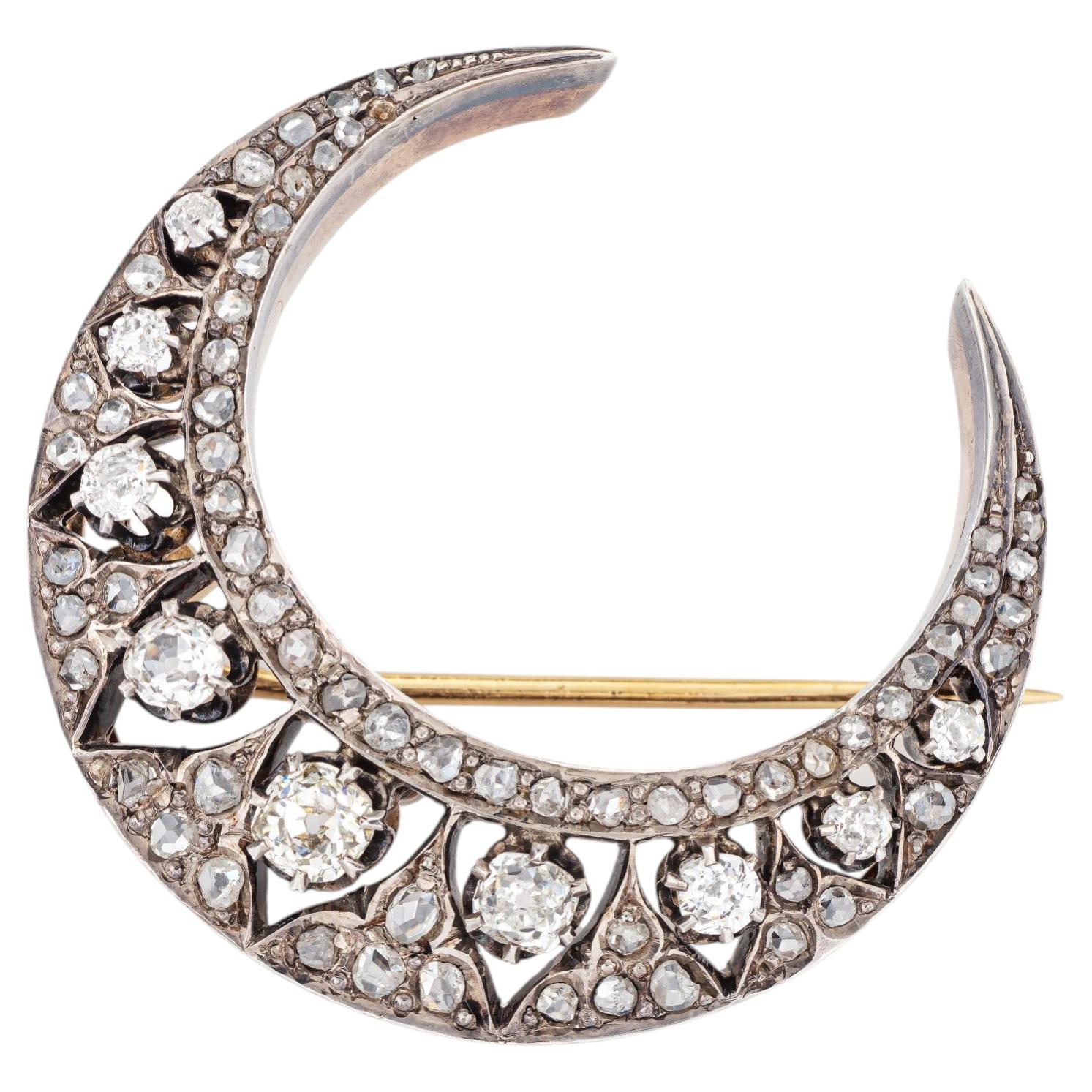 Antique Portuguese 1.50ct Diamond Crescent Moon Brooch 19k Gold Silver Jewelry
