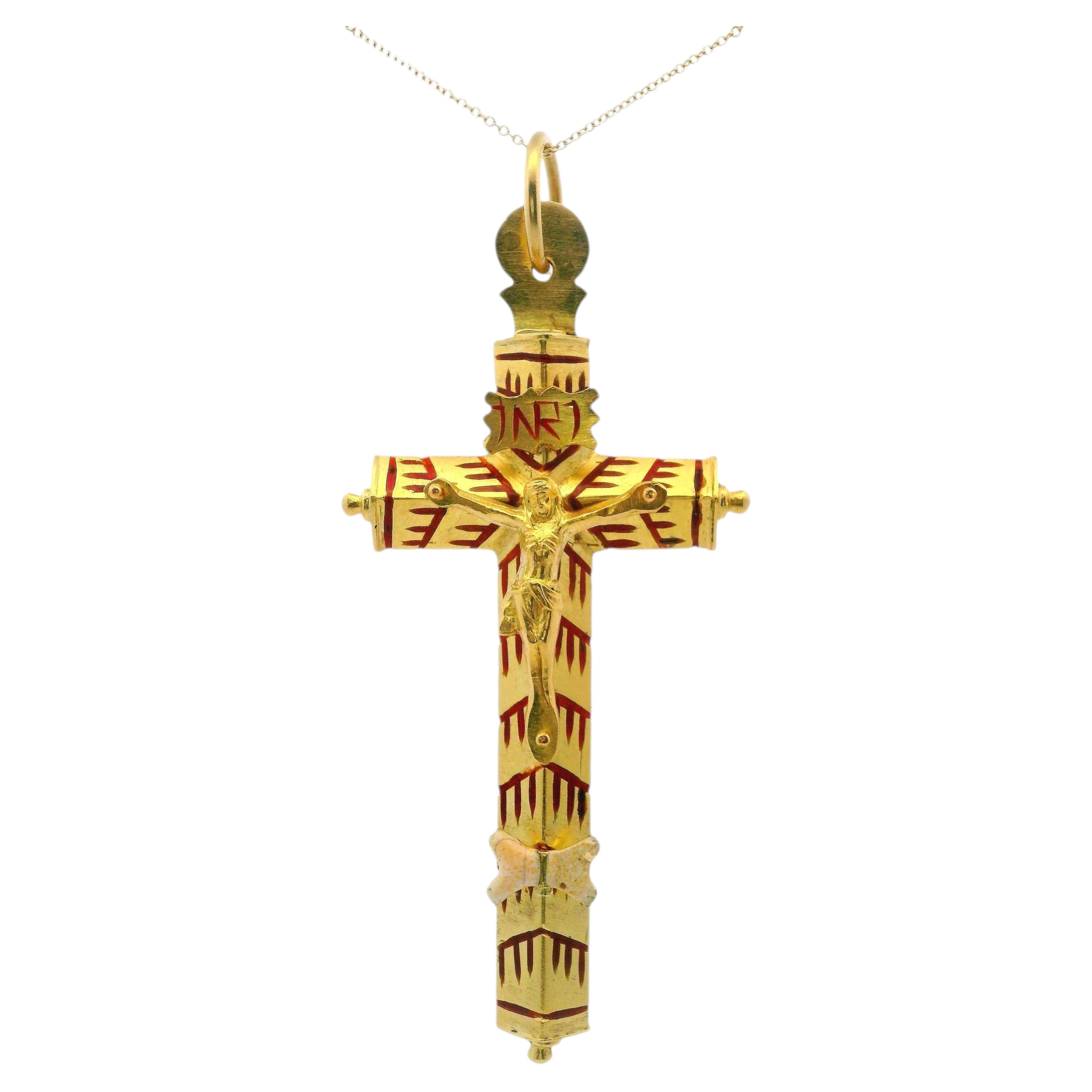 Antique Portuguese 19.2kt yellow Gold Pendant Cross with Enamel