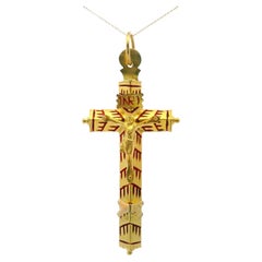 Antique Portuguese 19.2kt yellow Gold Pendant Cross with Enamel