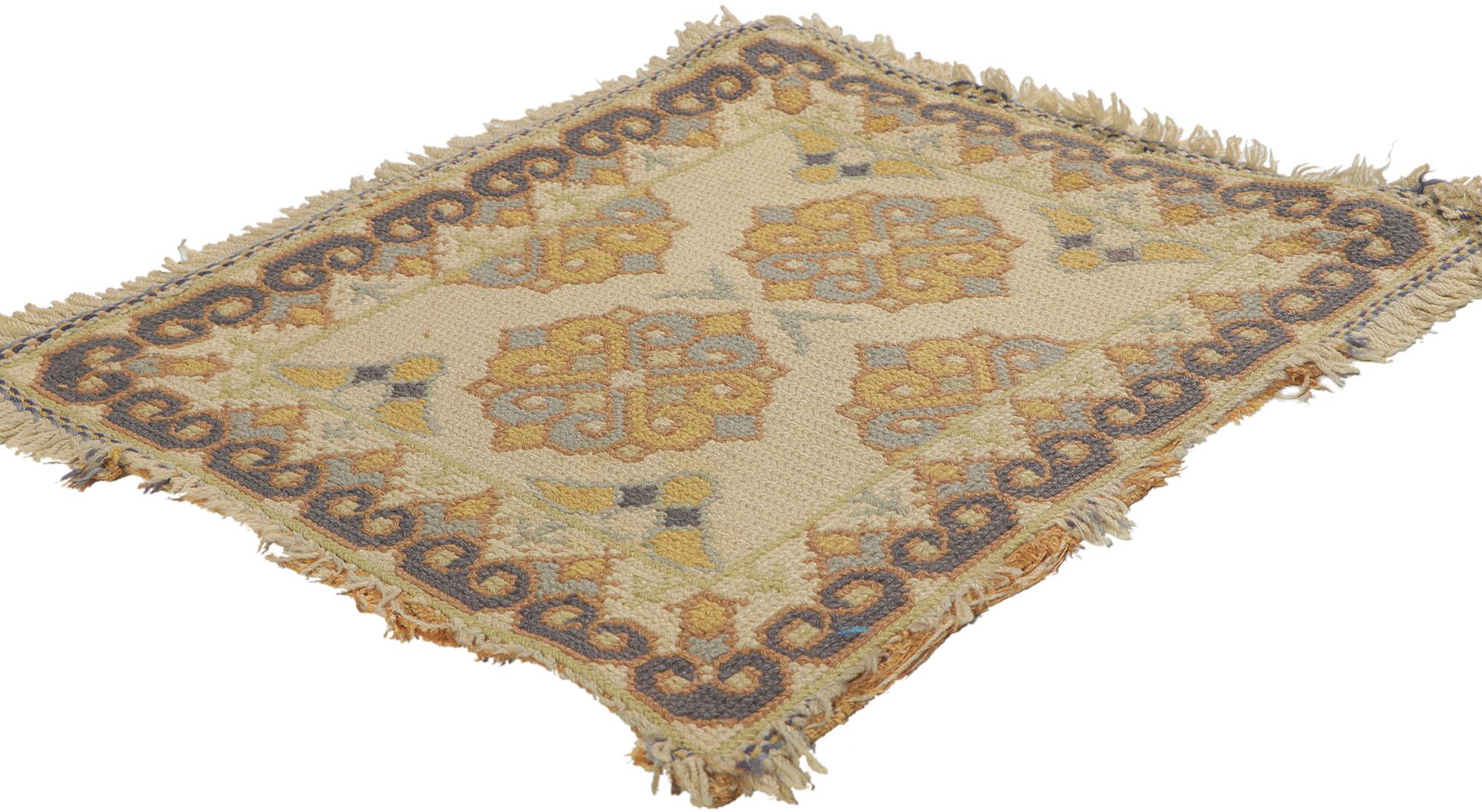 73318 Antique Portuguese Needlepoint Arraiolos Rug, 01'09 x 02'00. Arraiolos rugs are traditional Portuguese handcrafted wool embroideries from Arraiolos, featuring intricate designs like symmetrical patterns, floral motifs, and historical scenes,