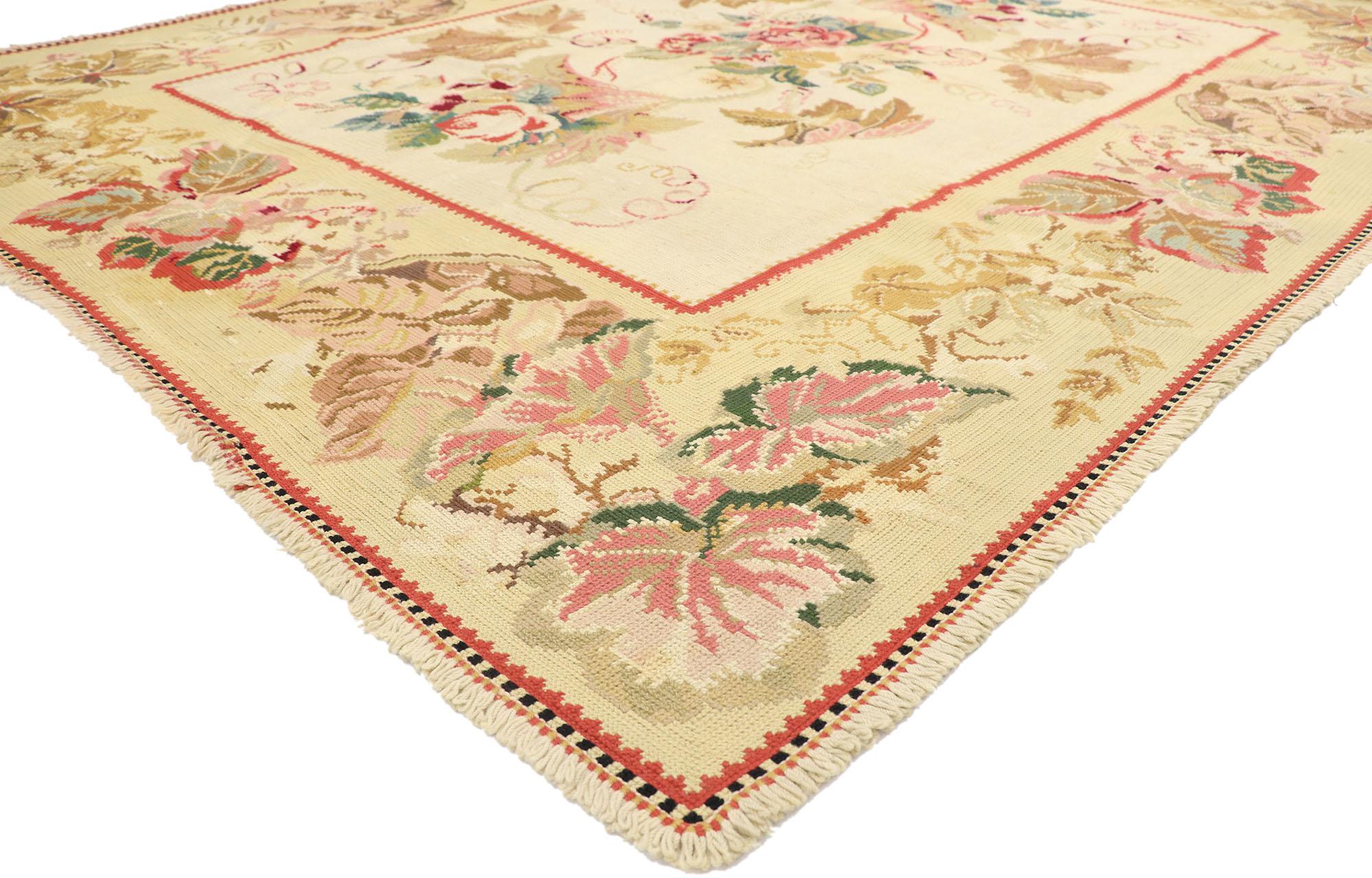 77921 Antique Portuguese Arraiolos needlepoint rug with Romantic French country style 07'10 x 09'10. Ornate details and effortless beauty with romantic connotations, this hand-woven wool antique Portuguese Arraiolos rug is poised to impress. This