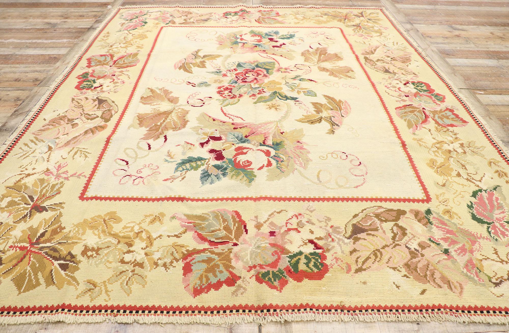 Antique Portuguese Arraiolos Needlepoint Rug with Romantic French Country Style In Good Condition For Sale In Dallas, TX