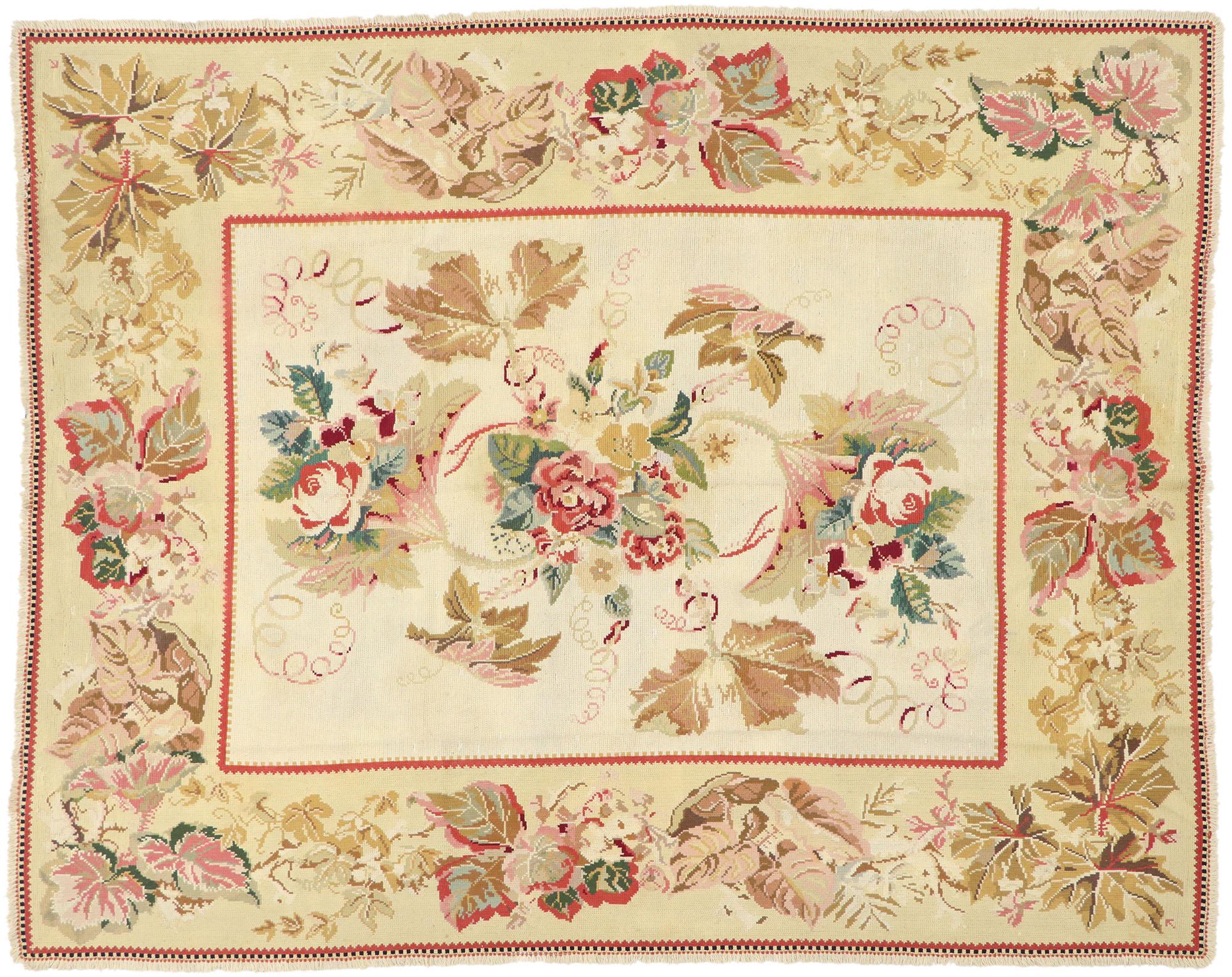 Wool Antique Portuguese Arraiolos Needlepoint Rug with Romantic French Country Style For Sale