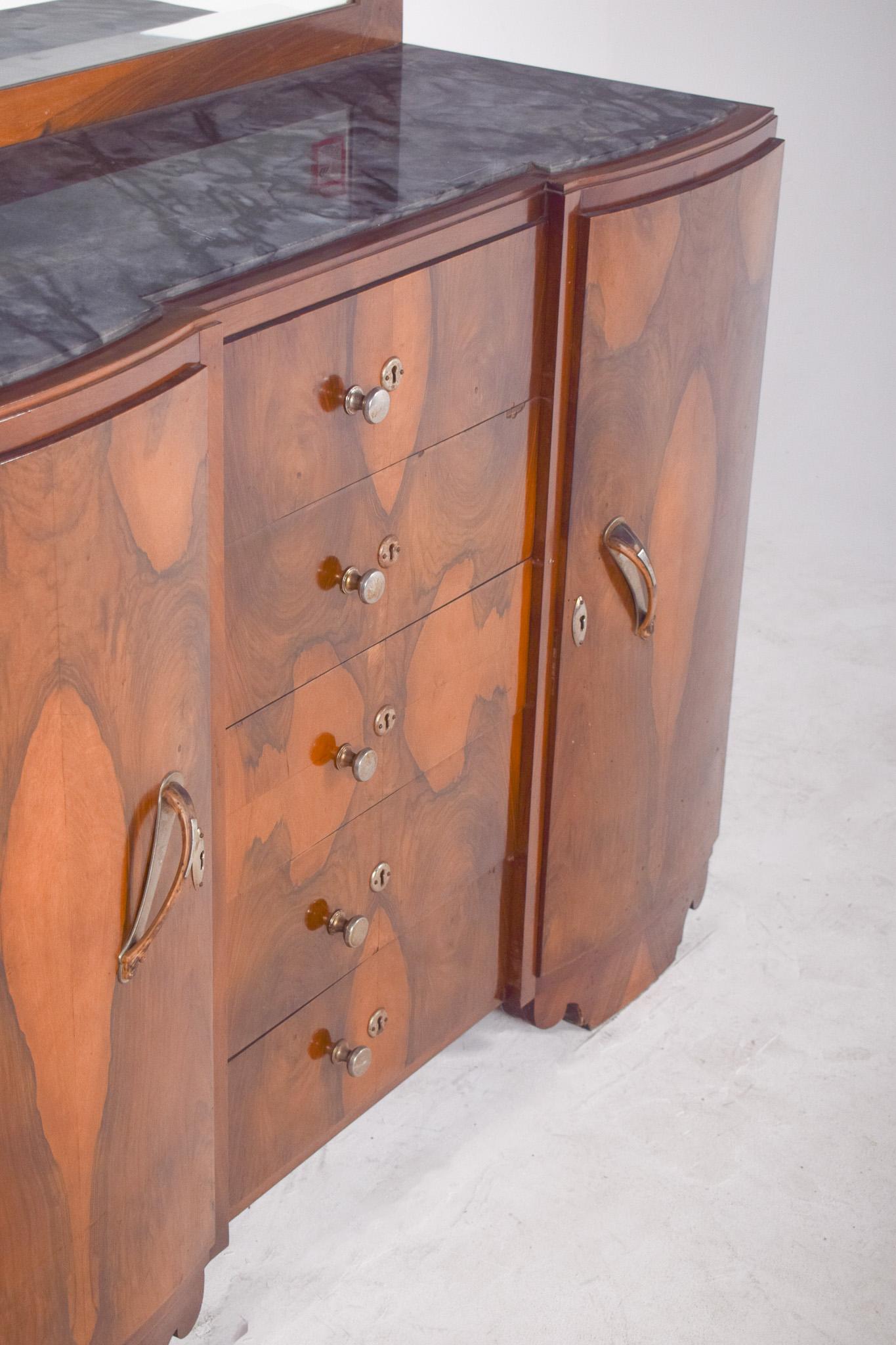 Walnut Antique Portuguese Art Deco Mirror Sideboard. For Sale