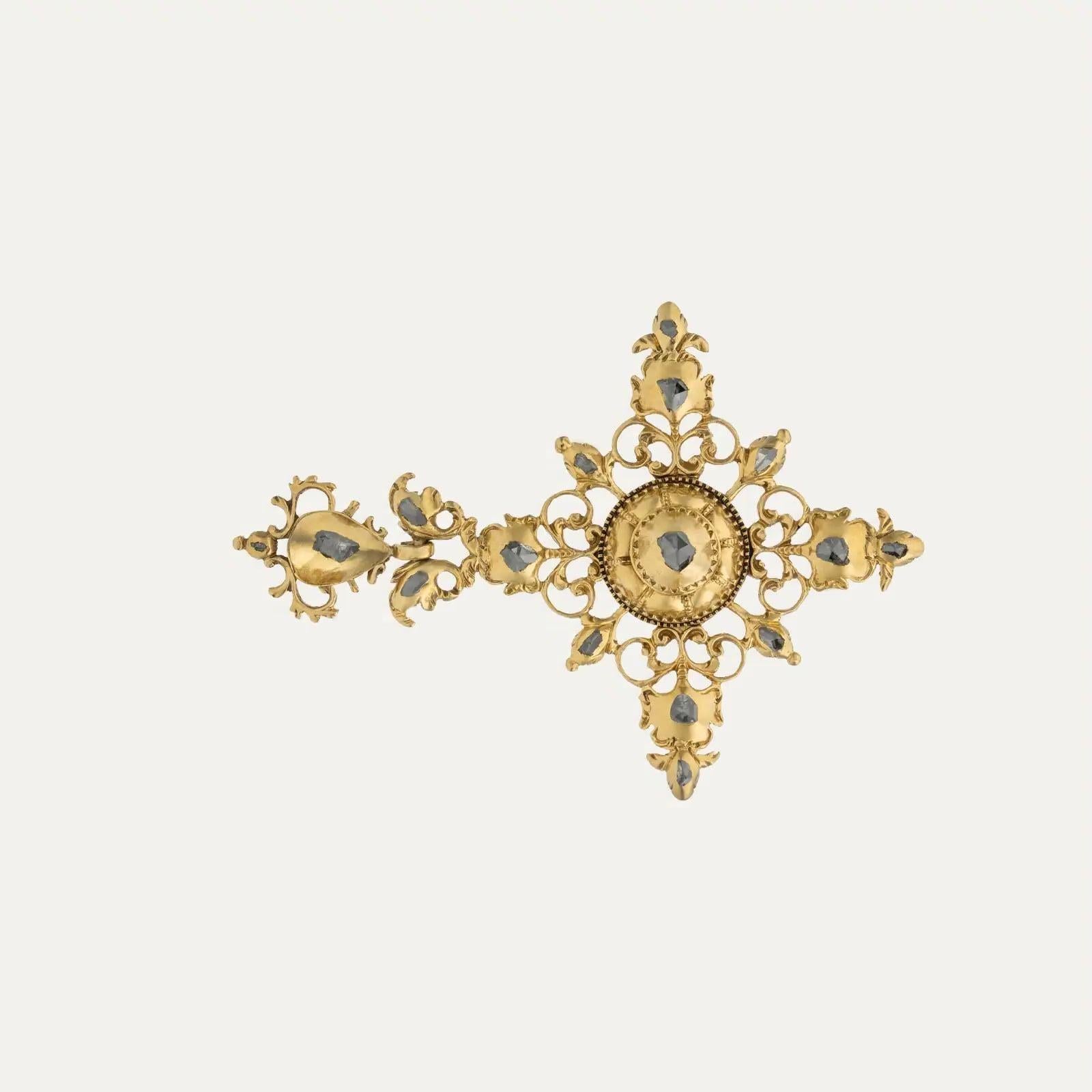 da uomo o donna Antico ciondolo a croce barocco portoghese in oro e diamanti, XVII-XVIII secolo in vendita