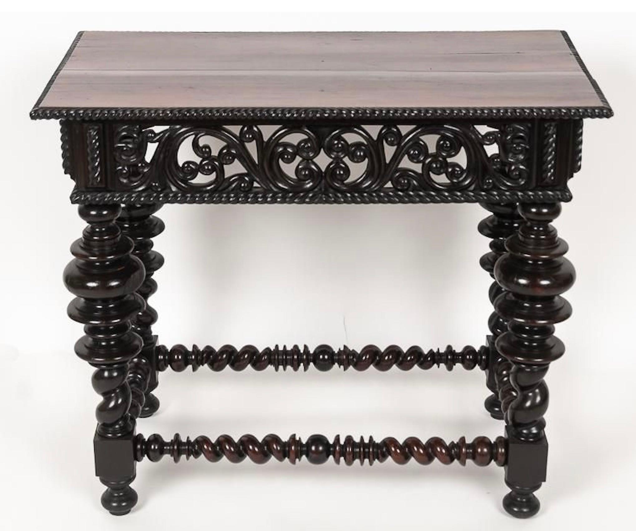 Baroque Revival Antique Portuguese Carved Rosewood Side Table With Bulbous Turnings Early 19th C For Sale