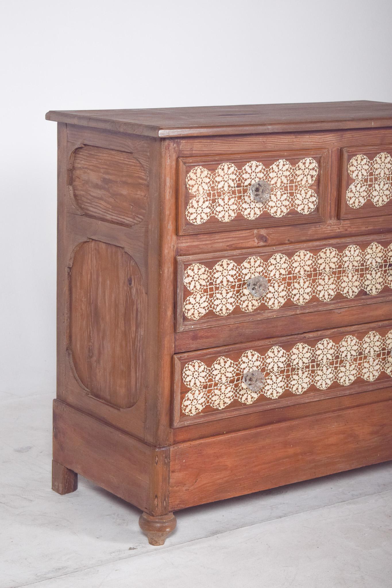 Rustic Antique Portuguese Chest of Drawers with Crochet For Sale