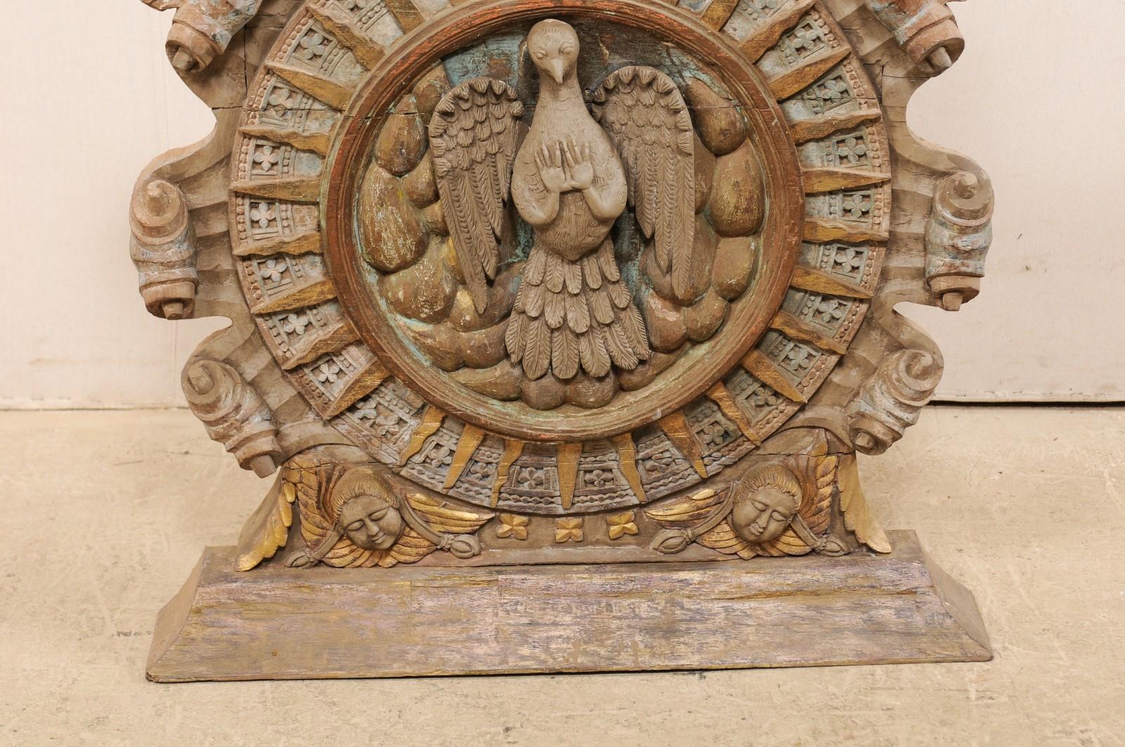 Wood Antique Portuguese Church Plaque Adorned with Rays and Dove at Center For Sale