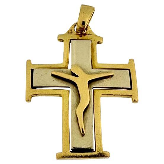 Crucifix portugais ancien en or jaune et blanc de 19 carats