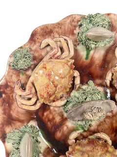 Antique Portuguese Cunha Palissy Scalloped Rim Plate With Crabs And Shells