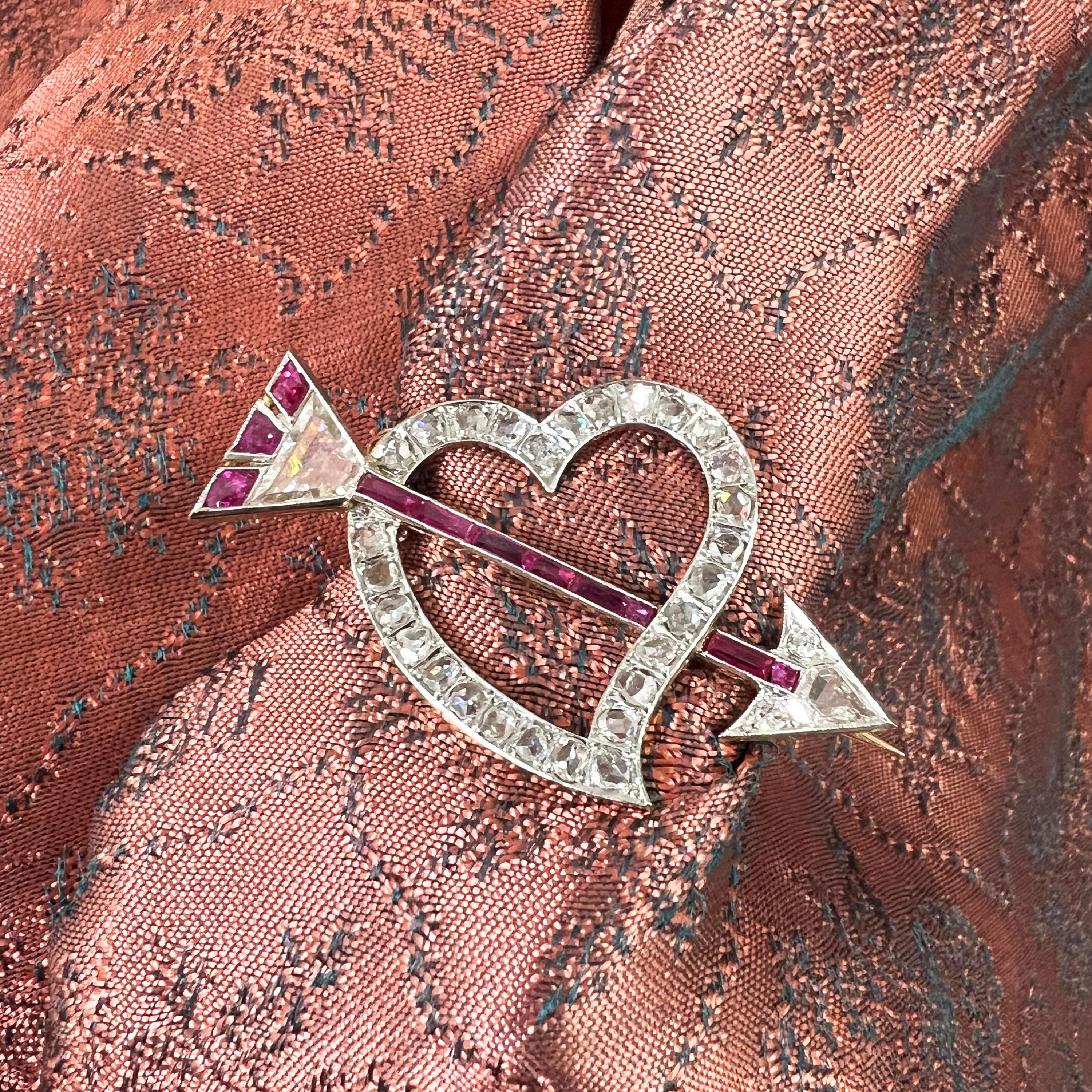 Art Deco Antique Portuguese Diamond and Ruby Heart and Arrow Brooch, circa 1930 For Sale
