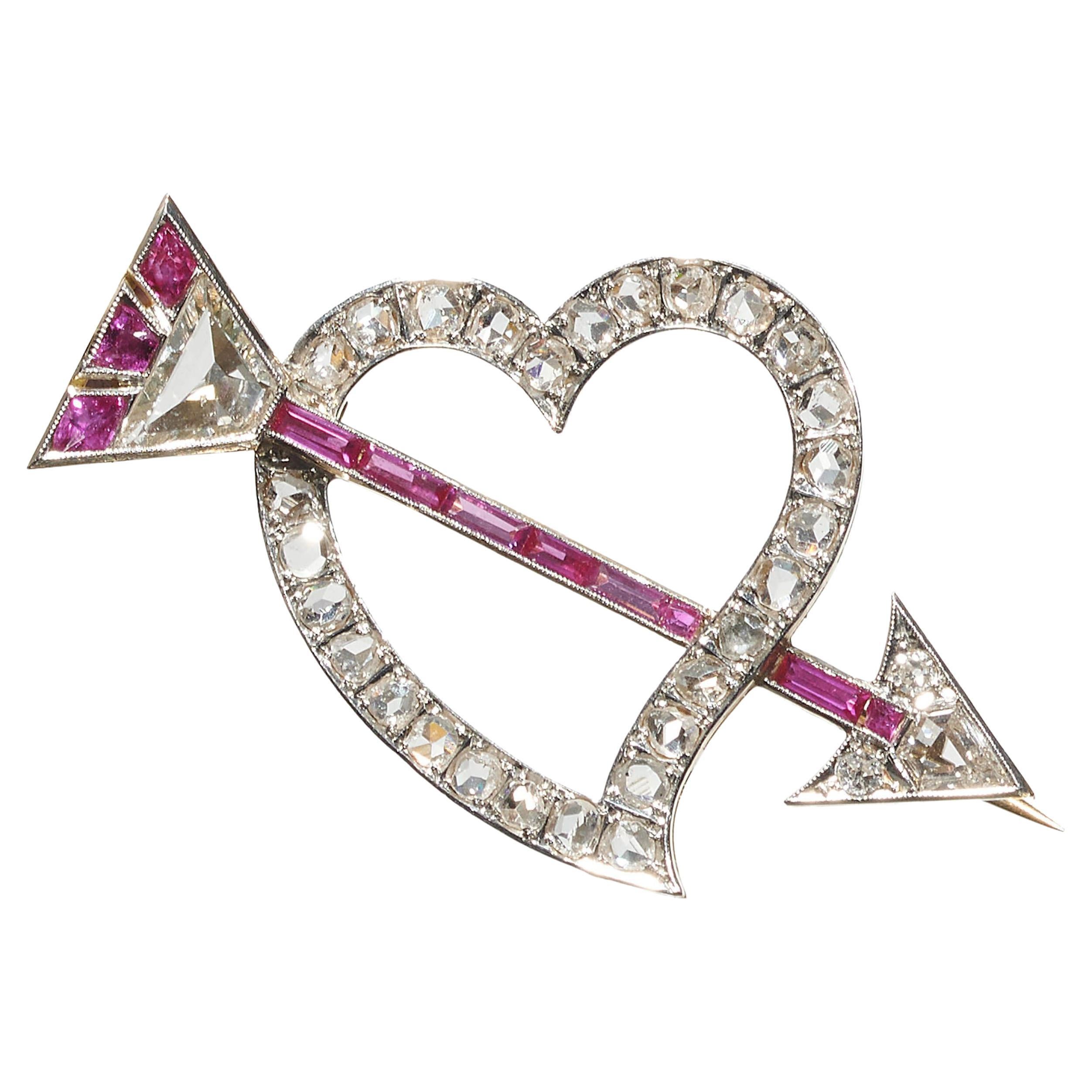 Antique Portuguese Diamond and Ruby Heart and Arrow Brooch, circa 1930 For Sale