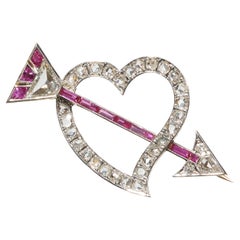 Vintage Portuguese Diamond and Ruby Heart and Arrow Brooch, circa 1930