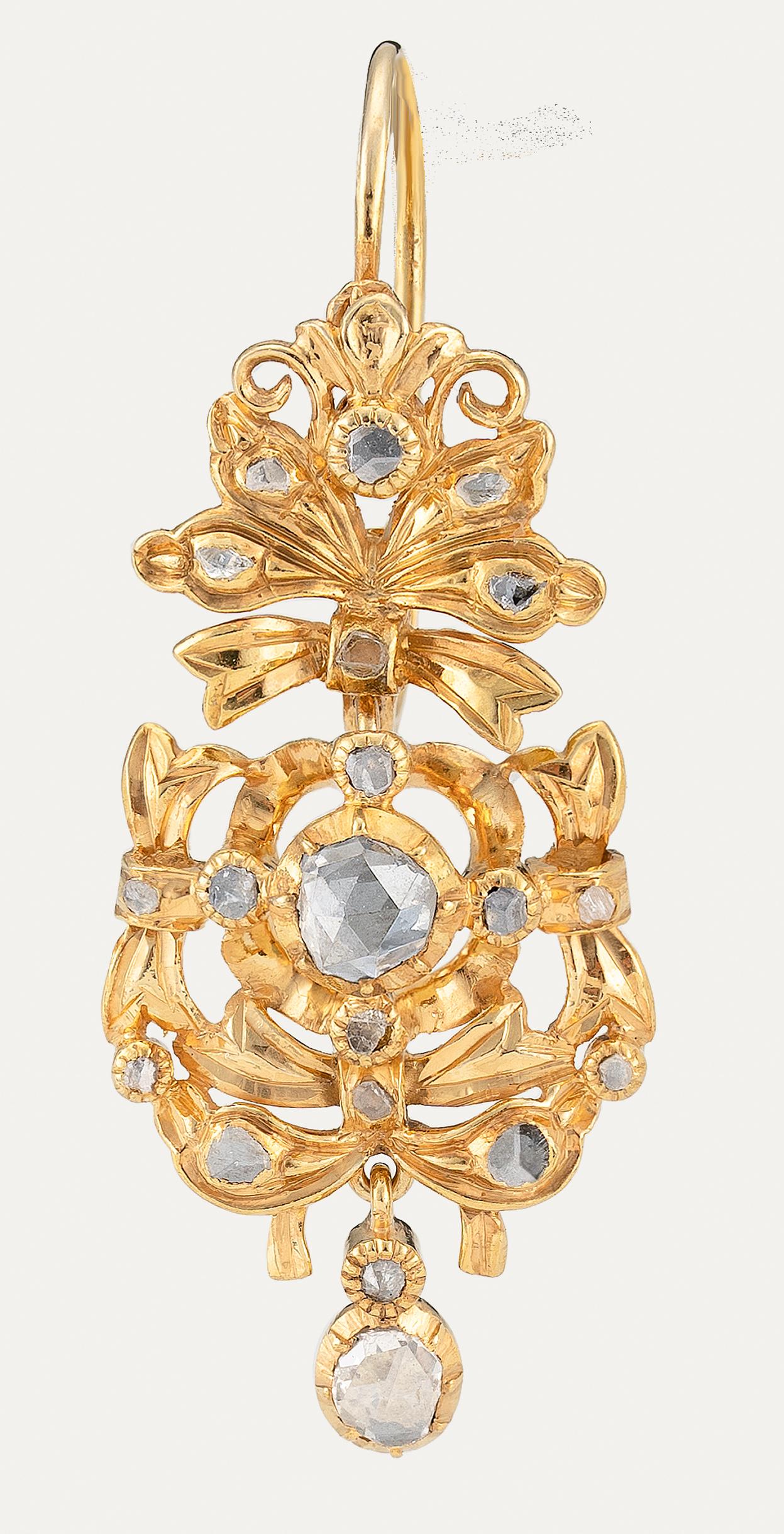 Neoclassical Antique Portuguese Gold Earrings with Rose-Cut Diamonds, 18th–19th Century For Sale
