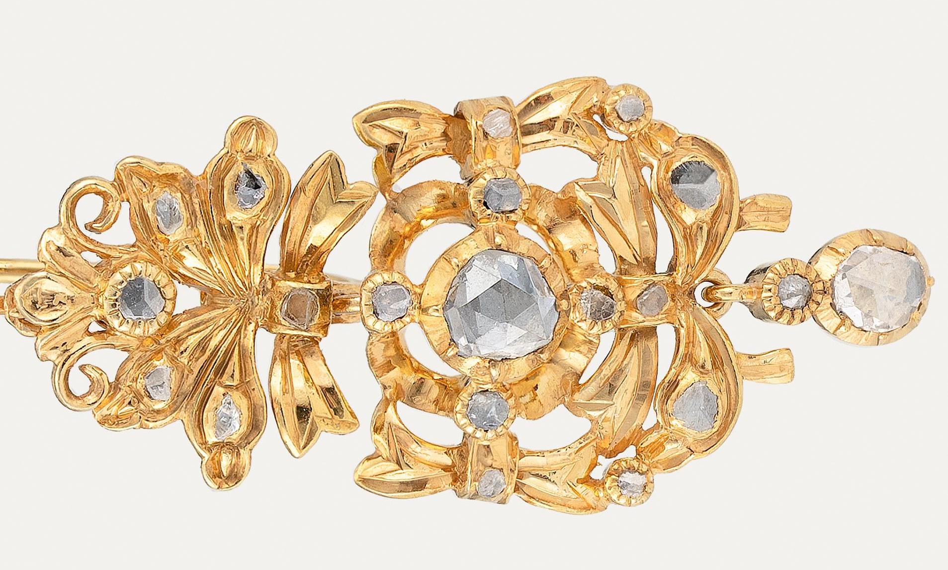 Women's Antique Portuguese Gold Earrings with Rose-Cut Diamonds, 18th–19th Century For Sale