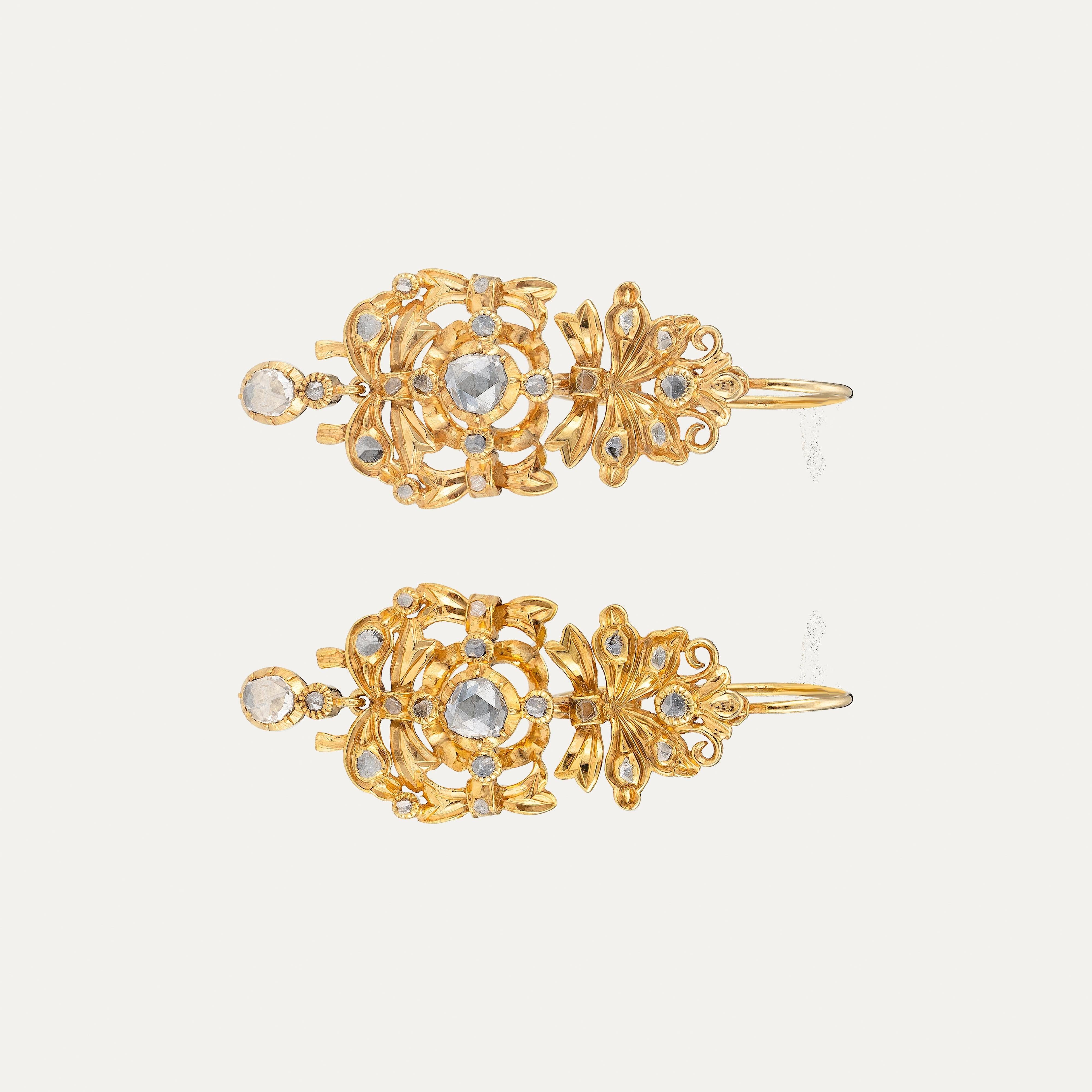 Antique Portuguese Gold Earrings with Rose-Cut Diamonds, 18th–19th Century For Sale 1