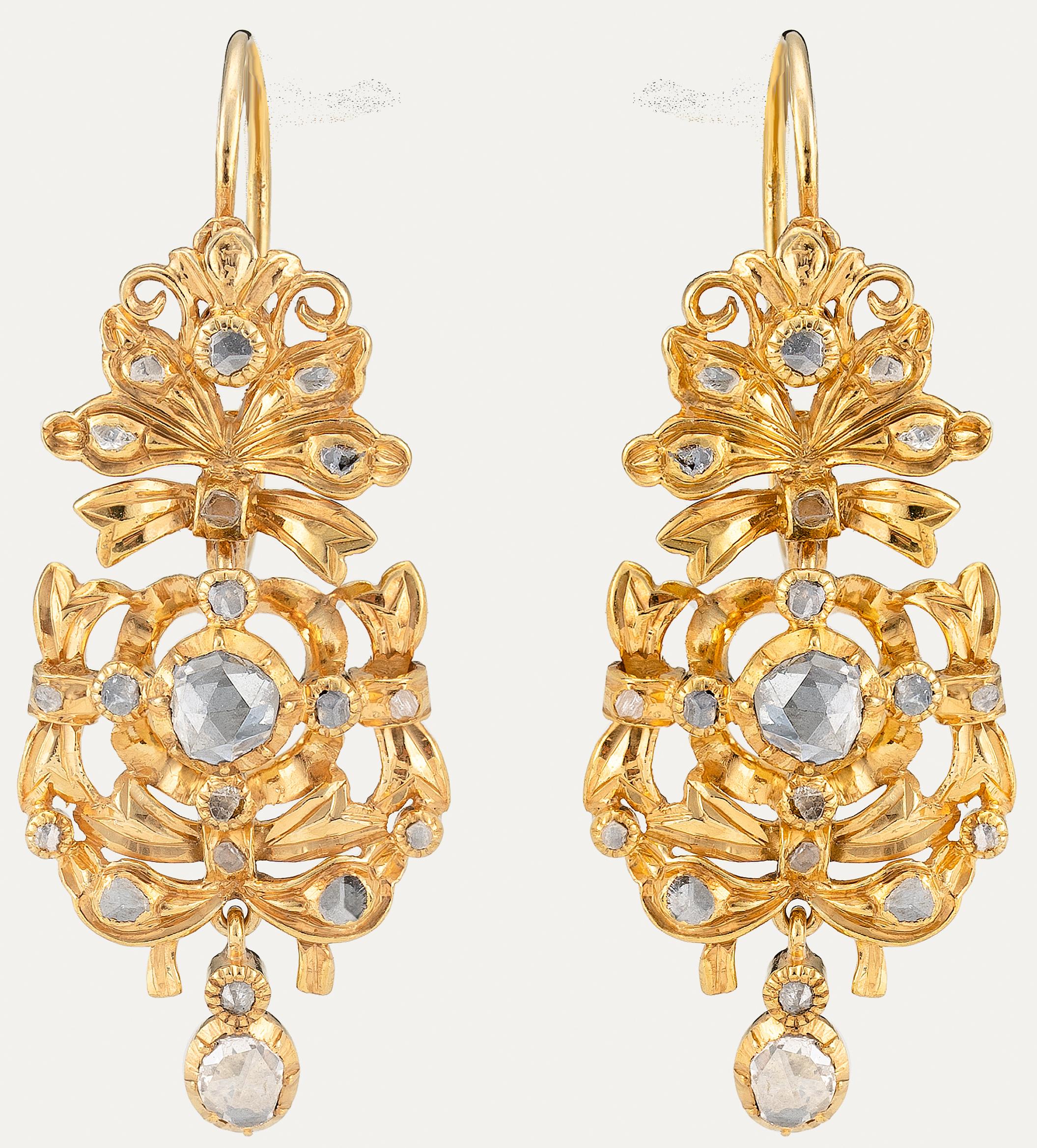 Antique Portuguese Gold Earrings with Rose-Cut Diamonds, 18th–19th Century For Sale 2