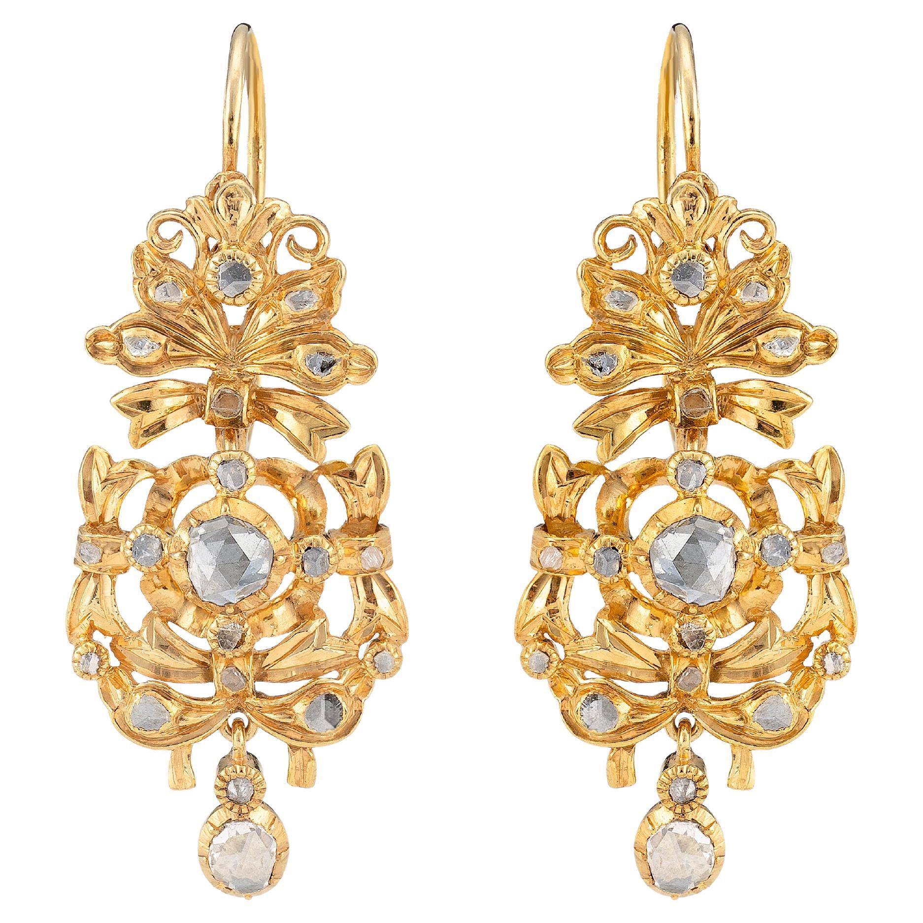 Antique Portuguese Gold Earrings with Rose-Cut Diamonds, 18th–19th Century For Sale