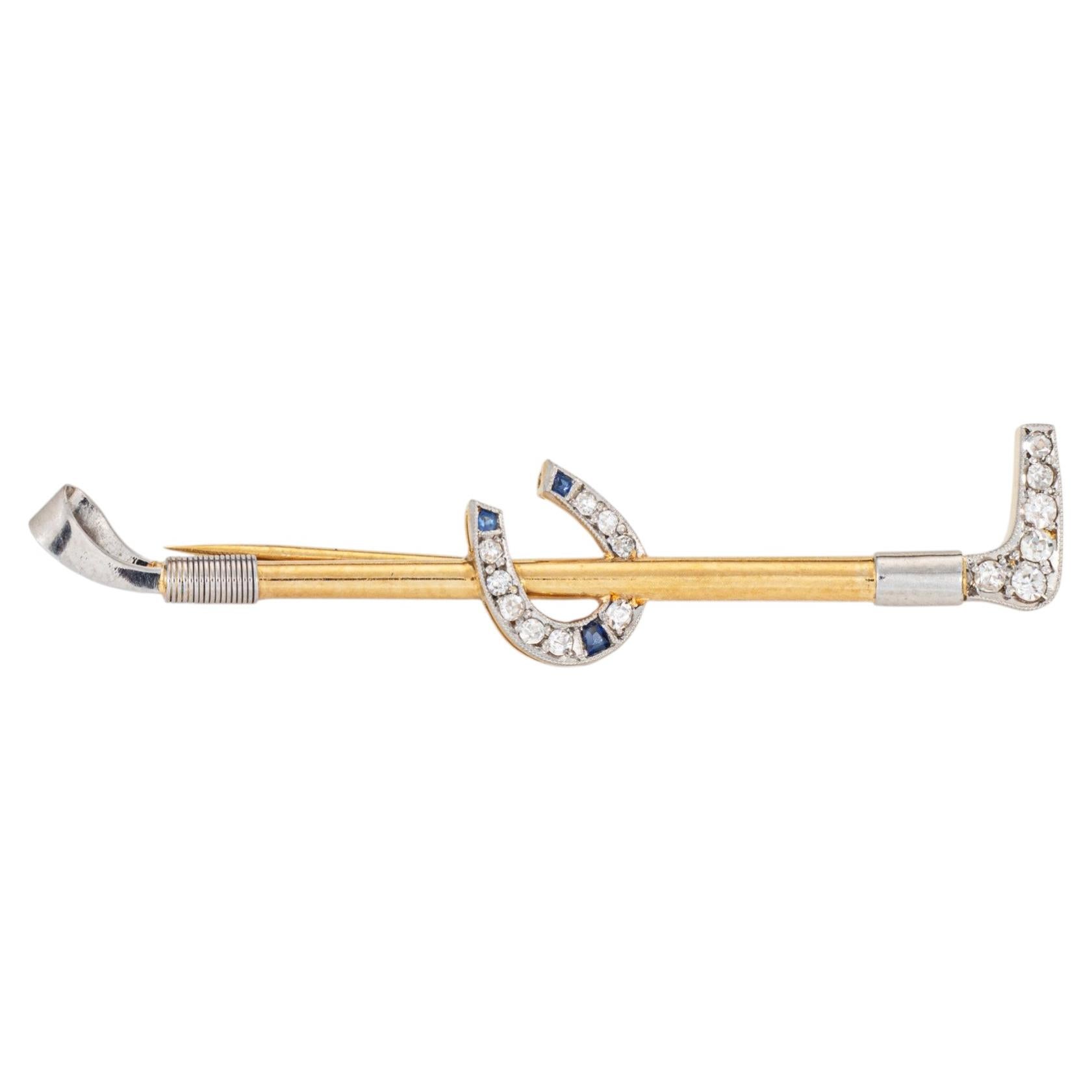 Antique Portuguese Horseshoe Riding Crop Brooch Diamond 19k Gold Platinum